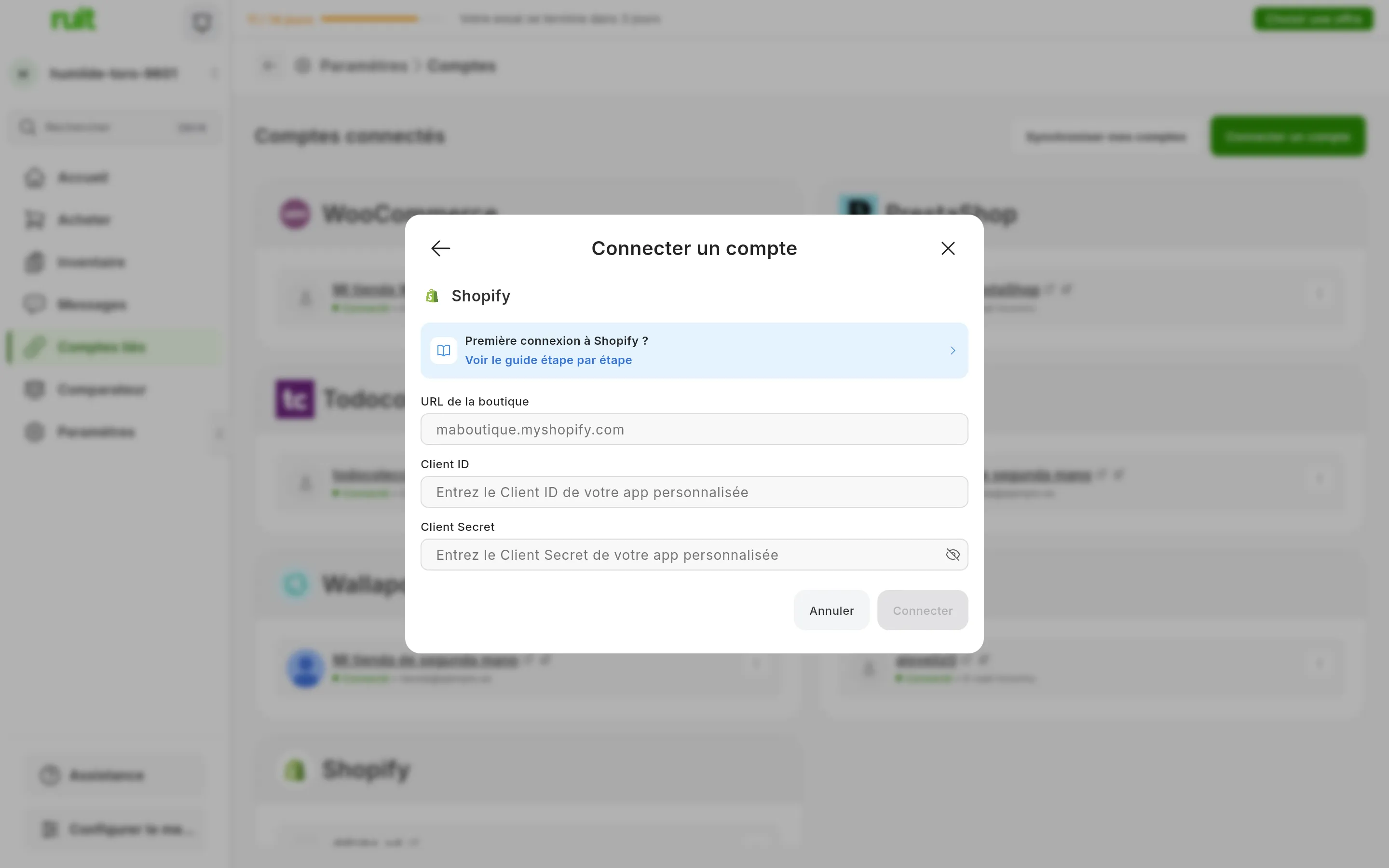 La fenêtre de connexion à Shopify dans RUIT : le lien vers ce guide, les champs de l'URL de la boutique, de l'identifiant et du secret de l'app, et les boutons pour annuler et connecter