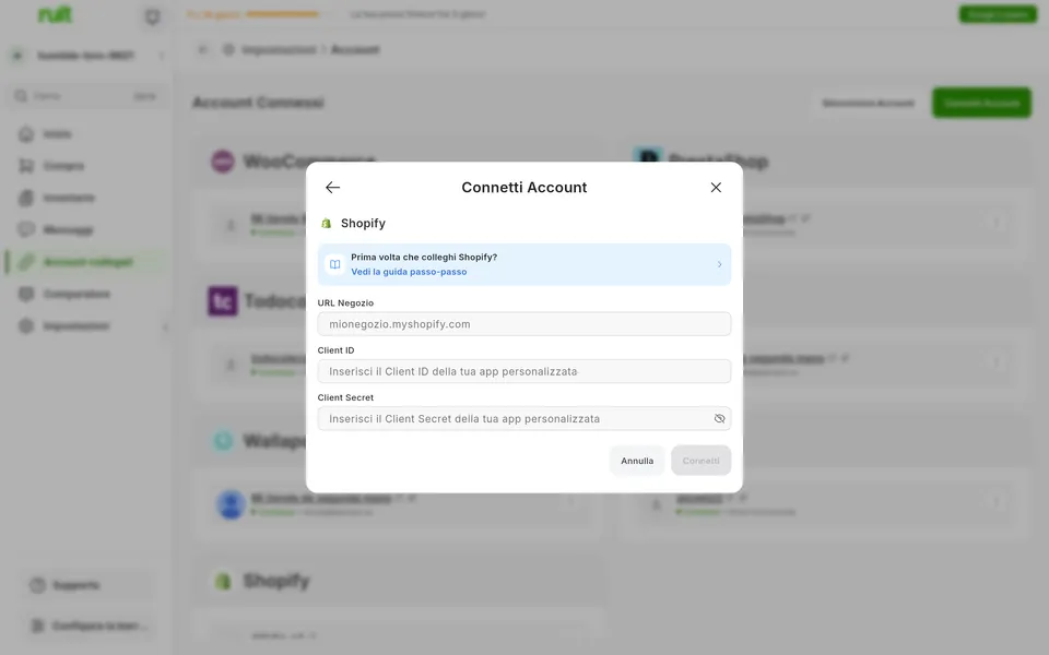 Schermata dell'app Ruit per collegare un account Shopify