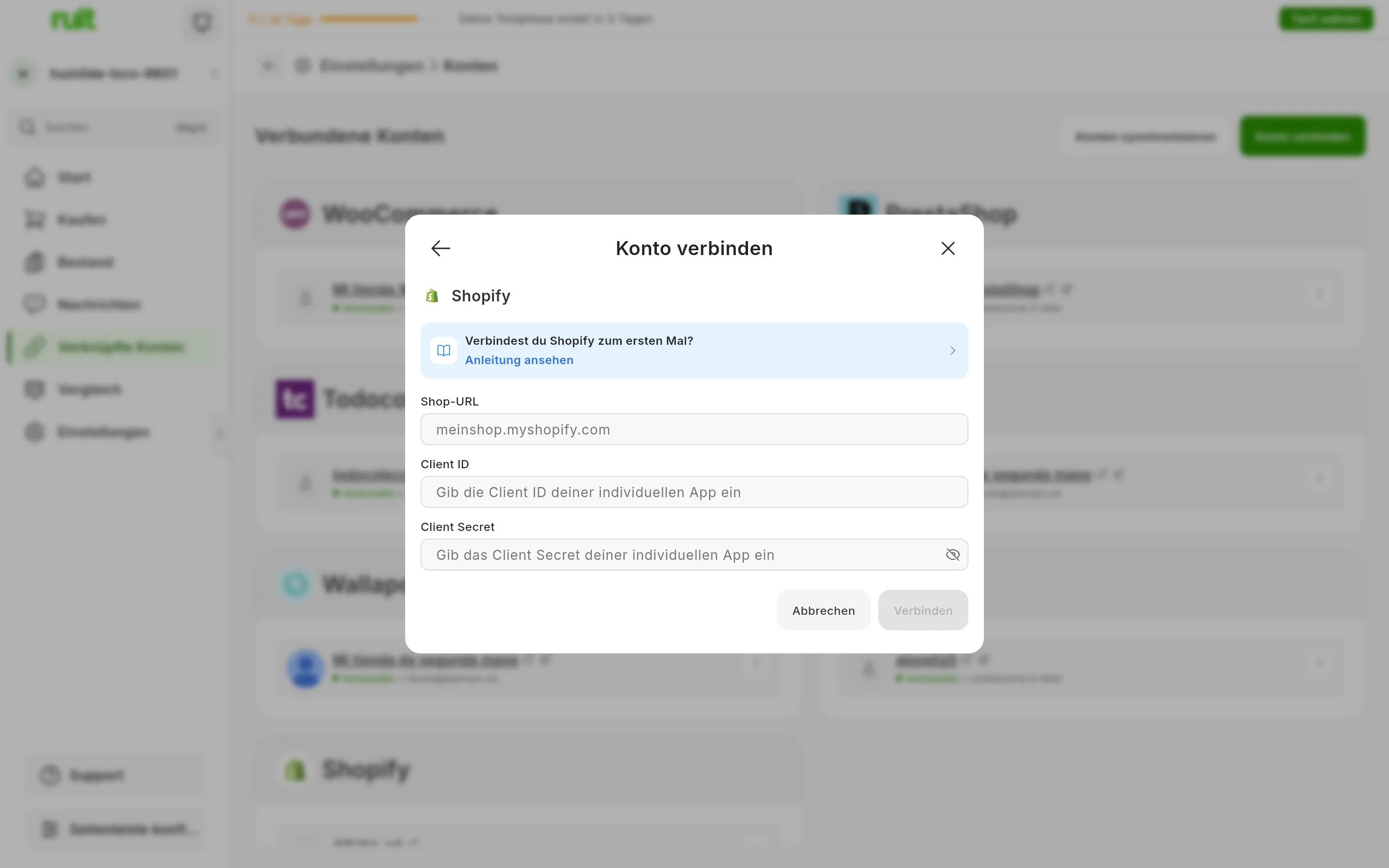 Der Dialog zum Verbinden von Shopify in RUIT: der Link zu dieser Anleitung, die Felder für die Shop-URL, die Kennung und das Secret der App und die Schaltflächen Abbrechen und Verbinden
