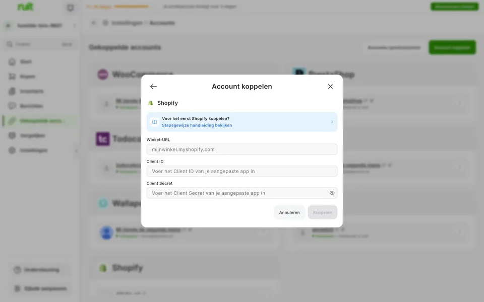Scherm van de Ruit-app om een Shopify-account te koppelen