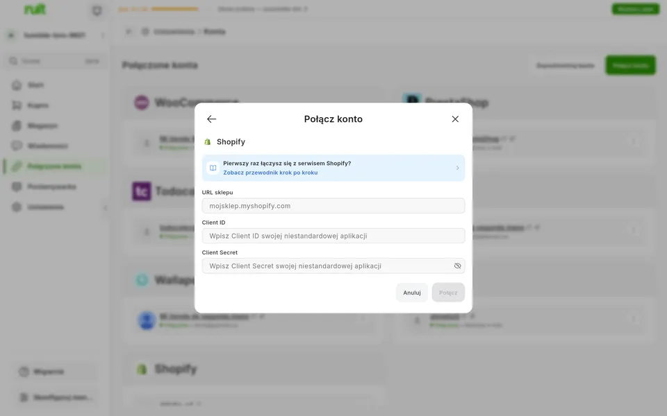 Ekran aplikacji Ruit do połączenia konta Shopify