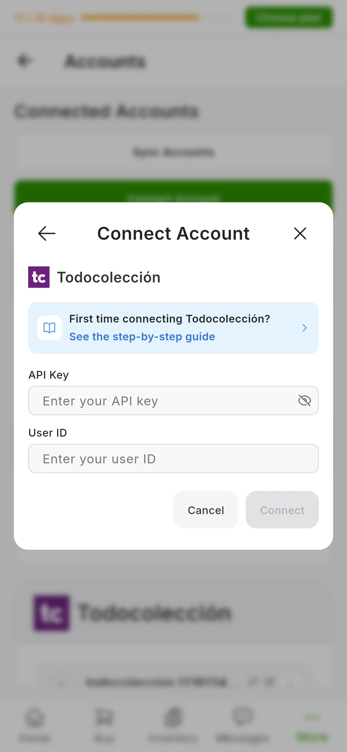 The dialog for connecting Todocolección in RUIT: the link to this guide, the API Key field with the icon for showing it, the User ID field, and the cancel and connect buttons