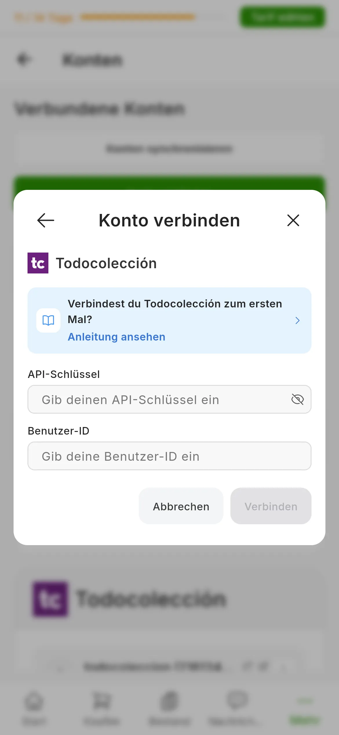 Der Dialog zum Verbinden von Todocolección in RUIT: der Link zu dieser Anleitung, das Feld API-Schlüssel mit dem Symbol zum Anzeigen, das Feld Benutzer-ID und die Schaltflächen Abbrechen und Verbinden
