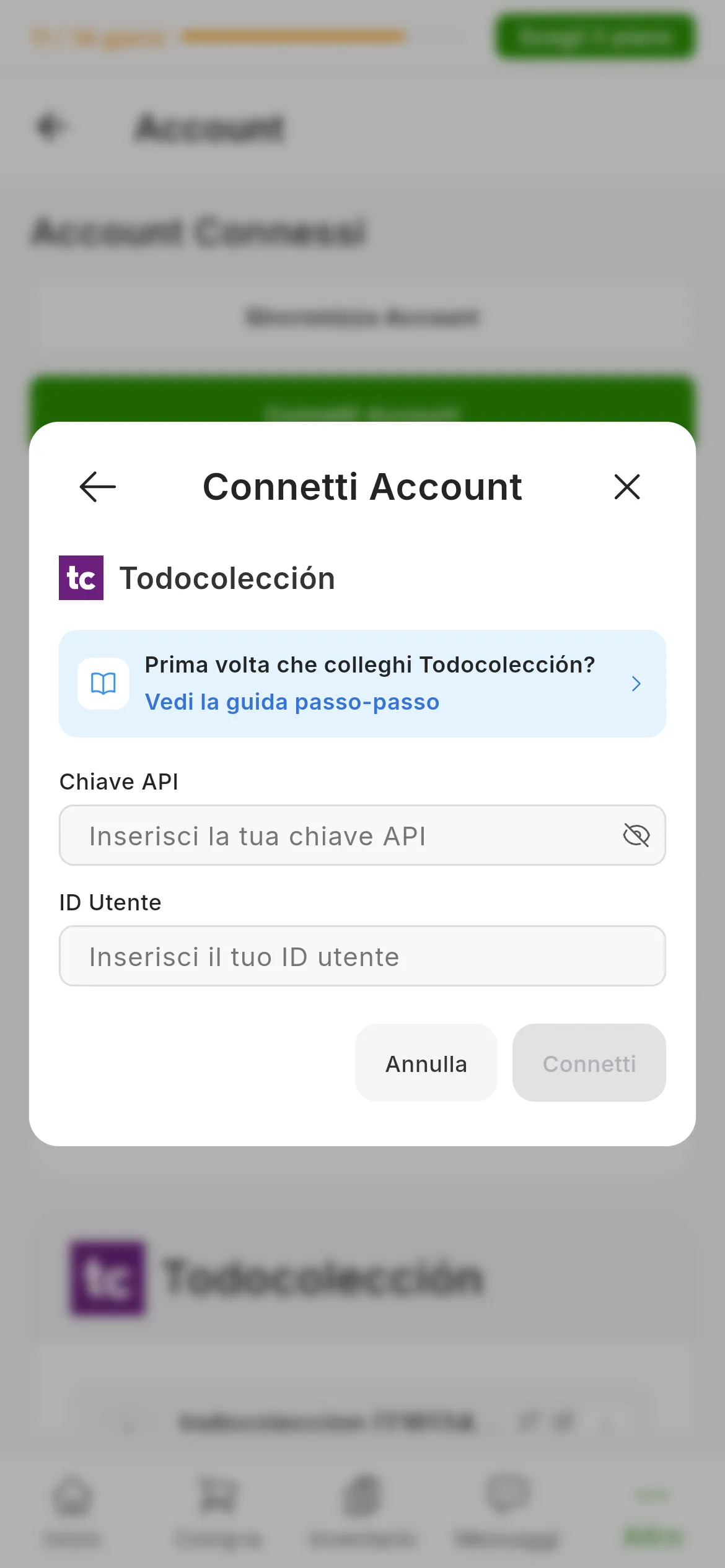 La finestra per collegare Todocolección in RUIT: il link a questa guida, il campo Chiave API con l'icona per mostrarla, il campo ID Utente e i pulsanti per annullare e connettersi