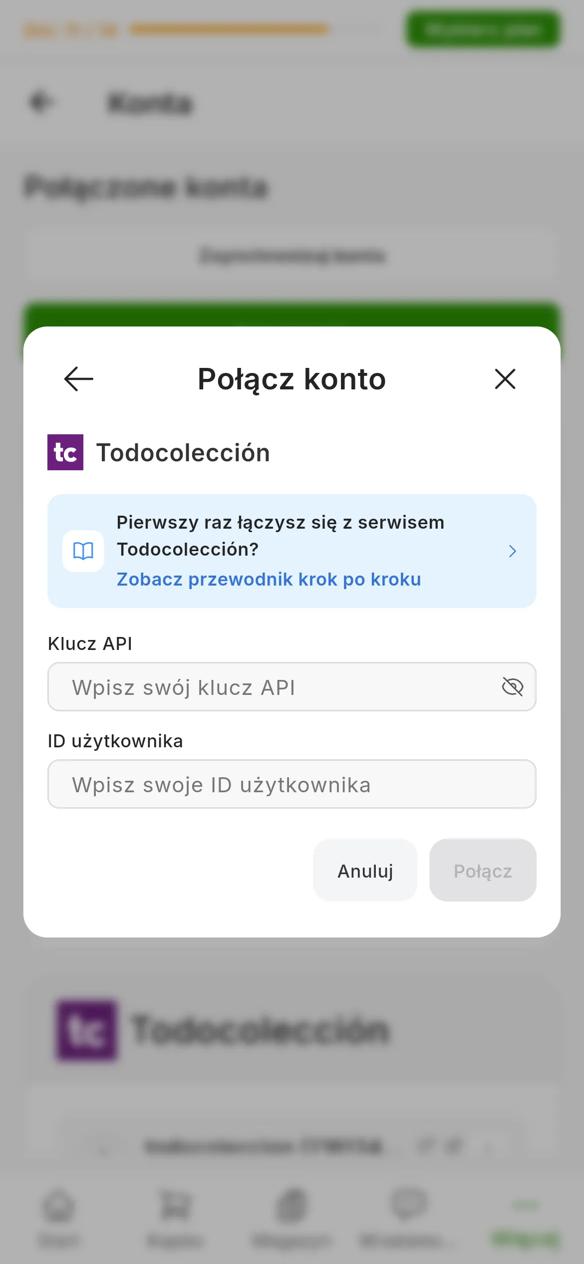 Okno łączenia z Todocolección w RUIT: link do tego przewodnika, pole Klucz API z ikoną podglądu, pole ID użytkownika oraz przyciski anulowania i łączenia