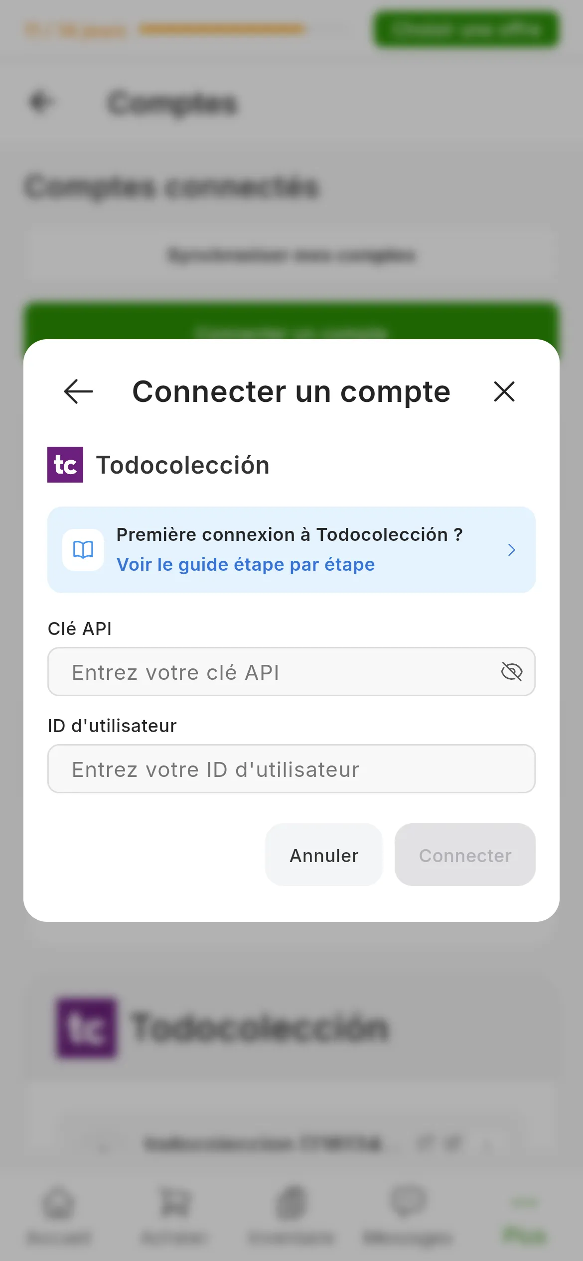 La fenêtre de connexion à Todocolección dans RUIT : le lien vers ce guide, le champ Clé API avec l'icône pour l'afficher, le champ ID d'utilisateur et les boutons pour annuler et connecter