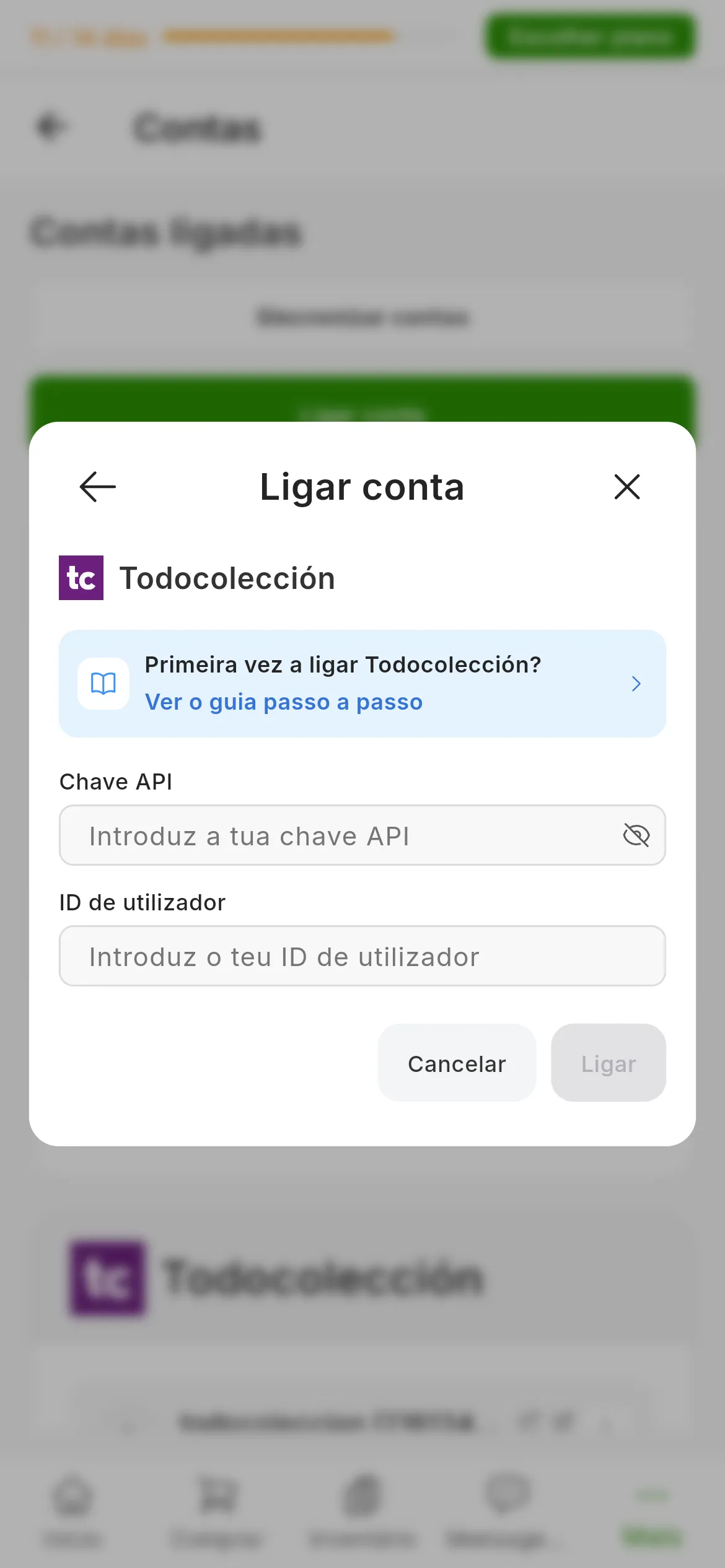 A janela de ligar o Todocolección no RUIT: o atalho para este guia, o campo Chave API com o ícone para a mostrar, o campo ID de utilizador e os botões de cancelar e ligar