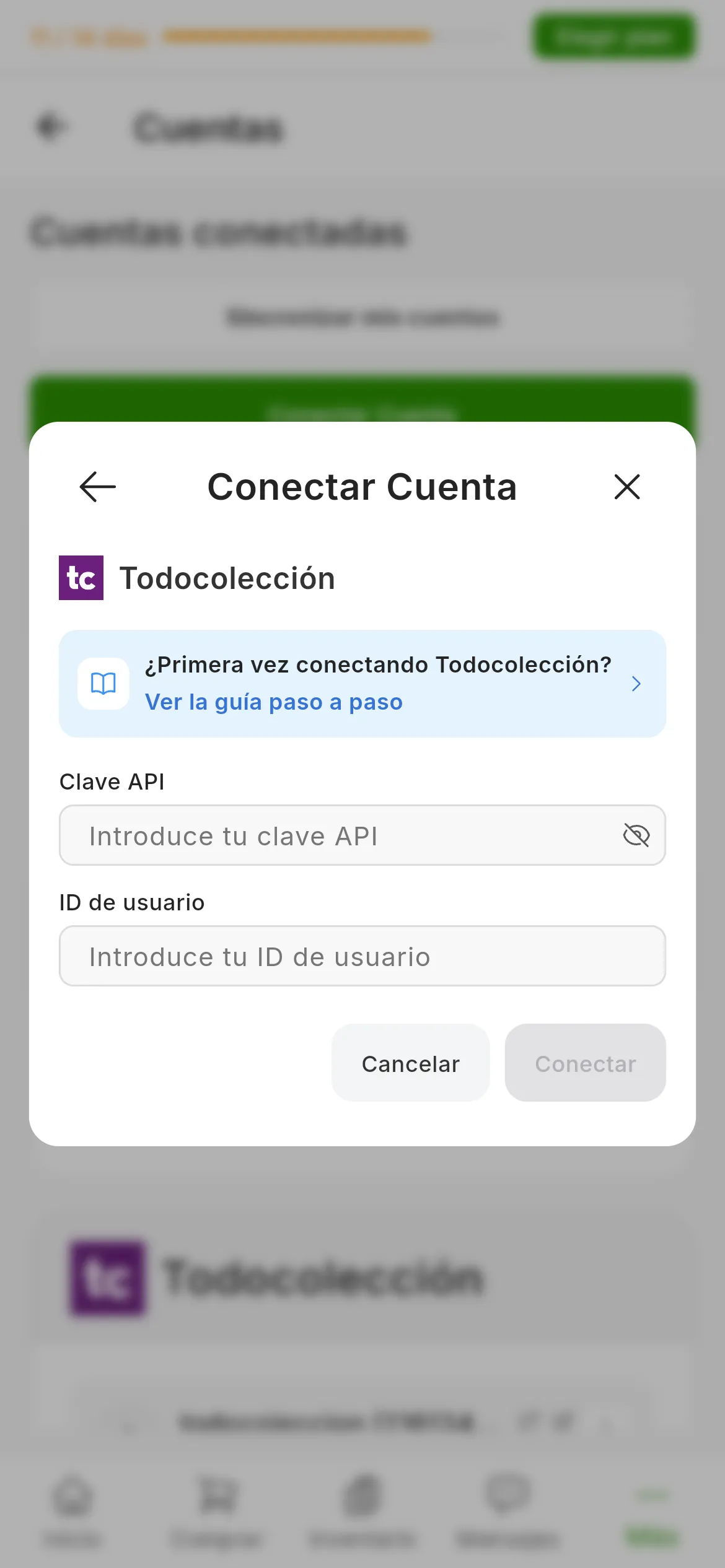 El diálogo de conectar Todocolección en RUIT: el enlace a esta guía, el campo Clave API con el icono de mostrarla, el campo ID de usuario y los botones de cancelar y conectar