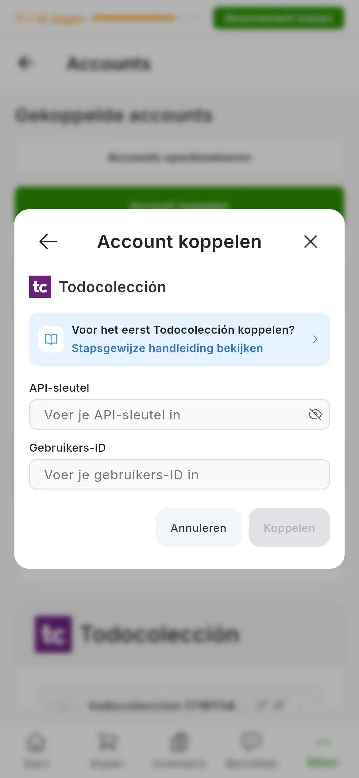 Het venster om Todocolección te koppelen in RUIT: de link naar deze handleiding, het veld API-sleutel met het icoon om de sleutel te tonen, het veld Gebruikers-ID en de knoppen om te annuleren en te koppelen