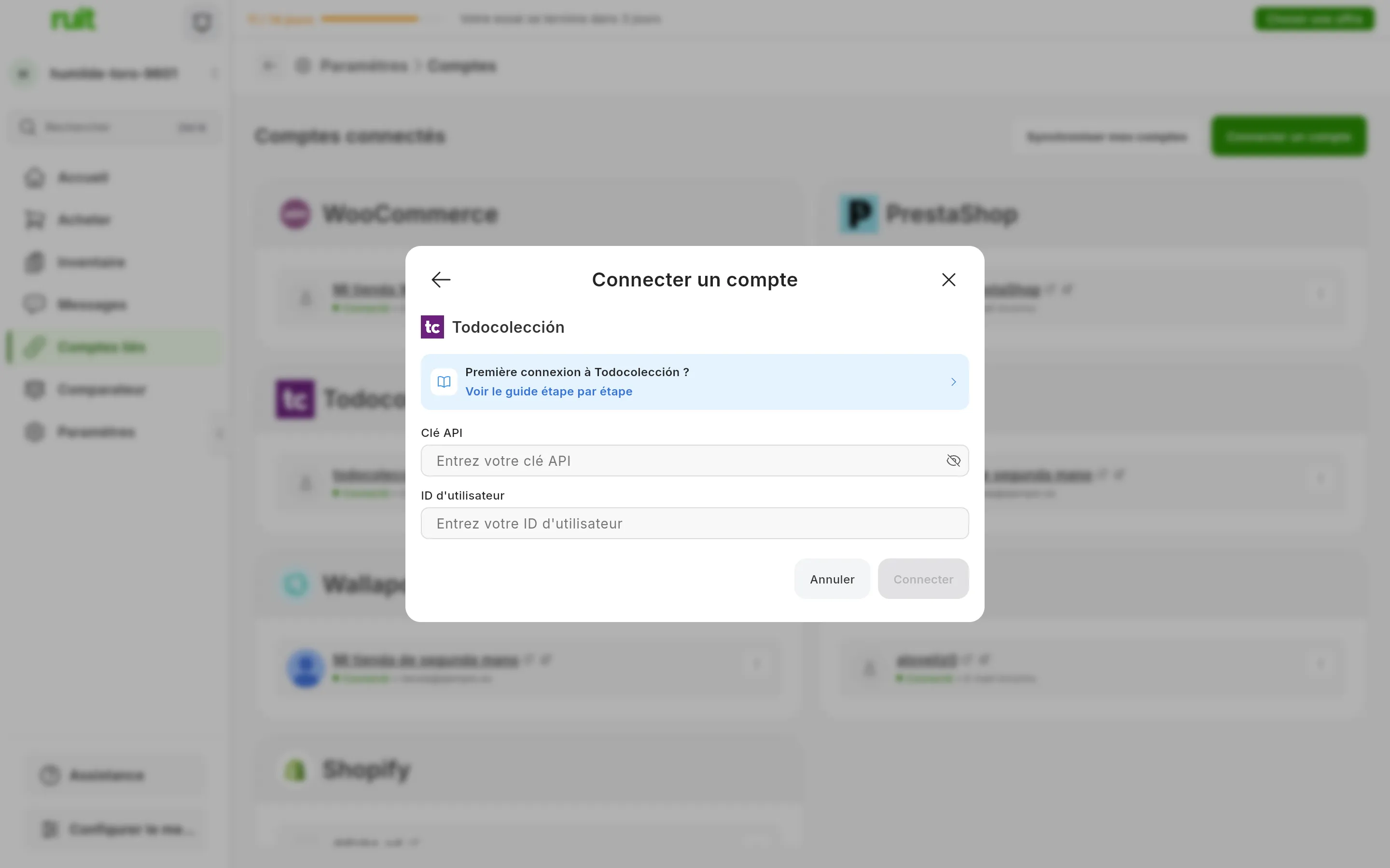 La fenêtre de connexion à Todocolección dans RUIT : le lien vers ce guide, le champ Clé API avec l'icône pour l'afficher, le champ ID d'utilisateur et les boutons pour annuler et connecter