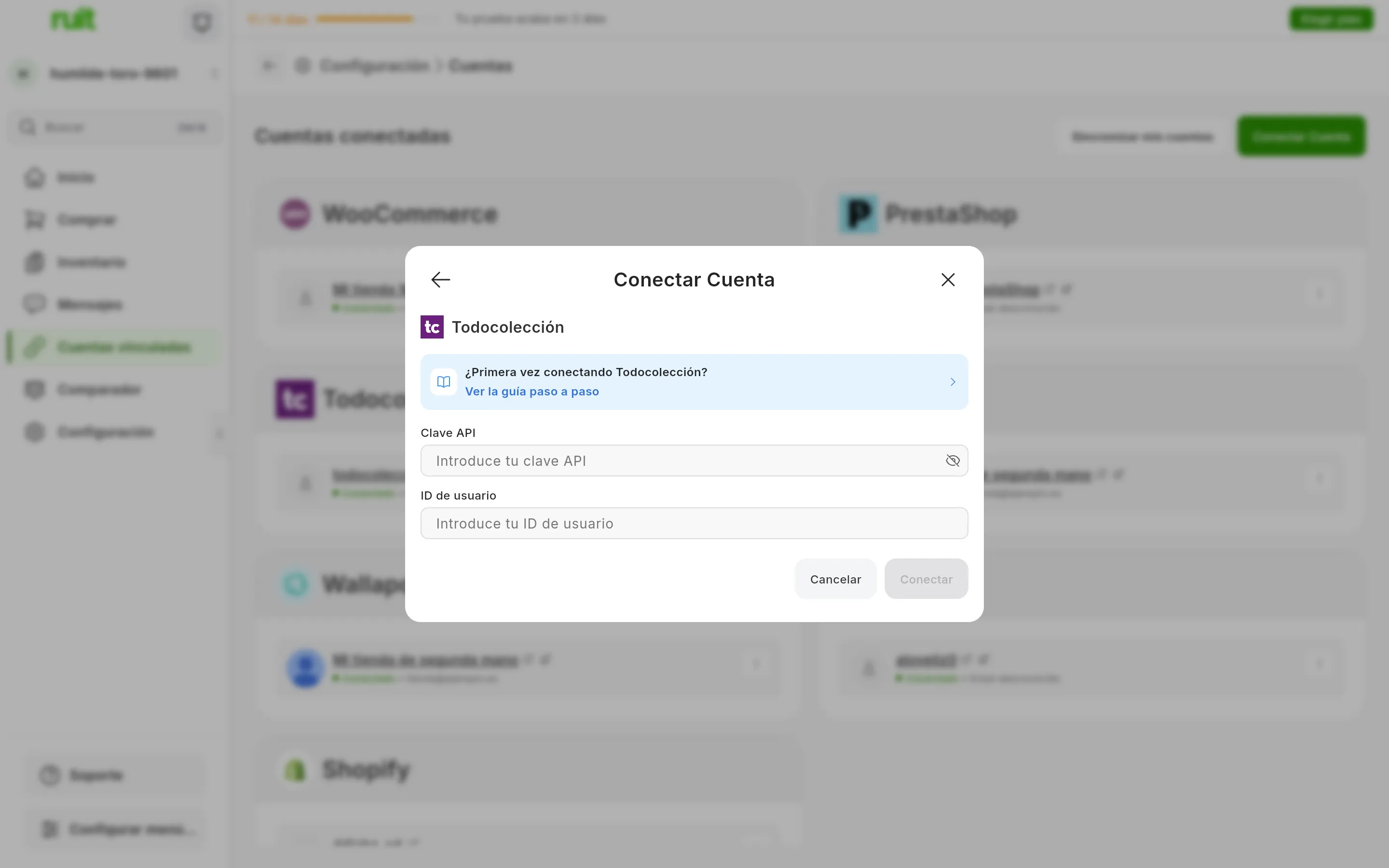 El diálogo de conectar Todocolección en RUIT: el enlace a esta guía, el campo Clave API con el icono de mostrarla, el campo ID de usuario y los botones de cancelar y conectar