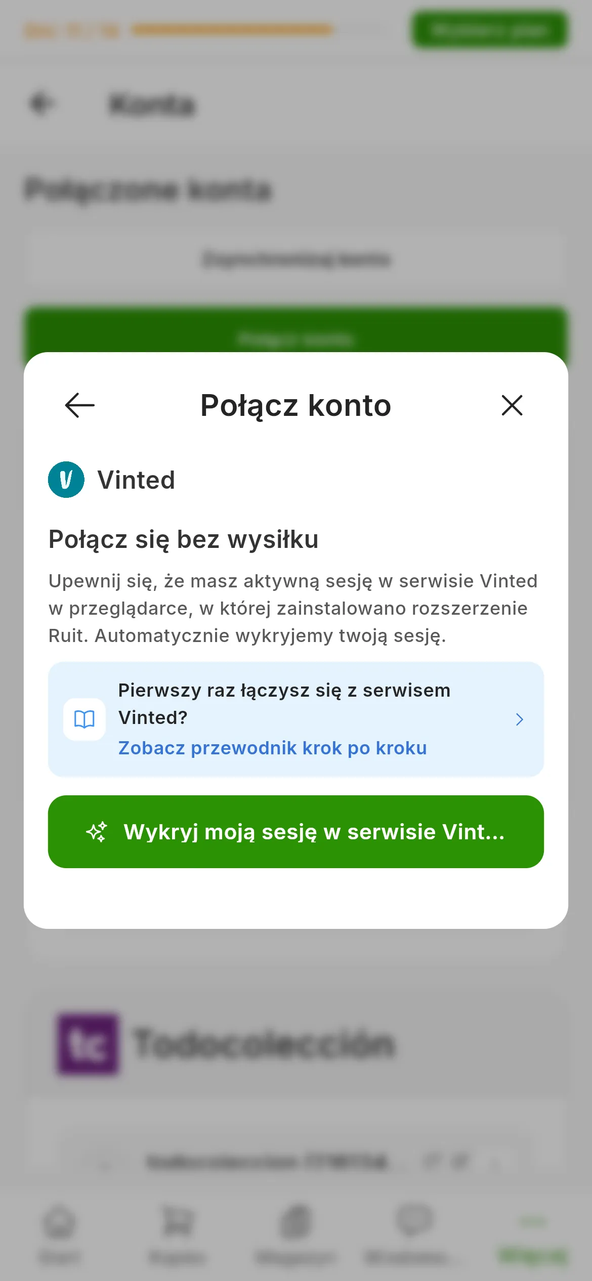 Okno łączenia z Vinted w RUIT: tytuł Połącz się bez wysiłku, przypomnienie o otwartej sesji w przeglądarce z rozszerzeniem, link do tego przewodnika i zielony przycisk wykrywania sesji