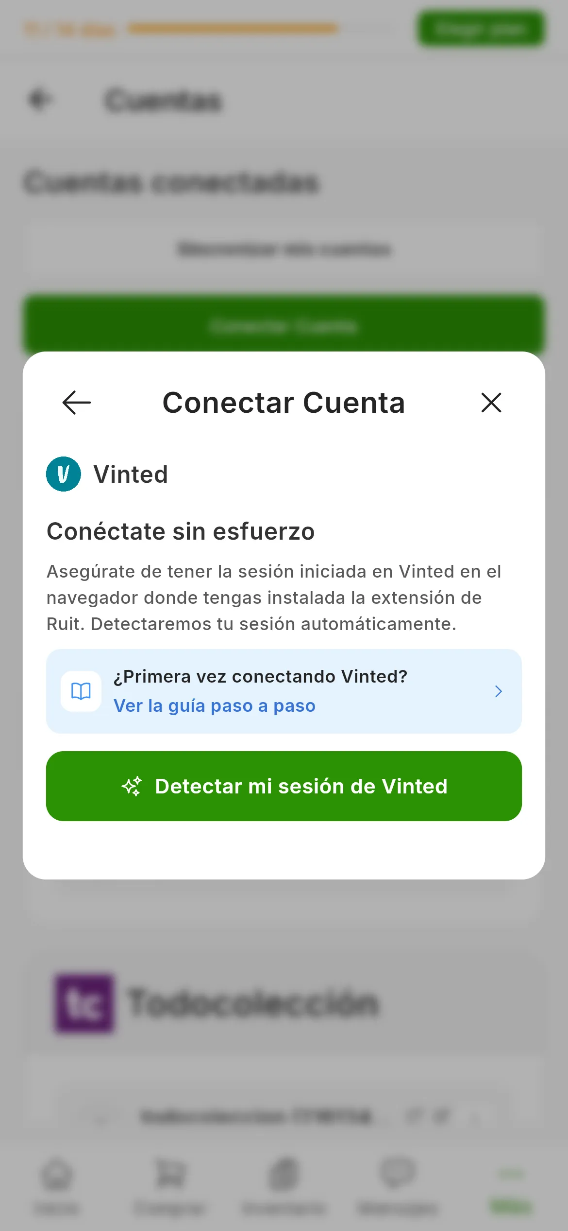 El diálogo de conectar Vinted en RUIT: el título Conéctate sin esfuerzo, el recordatorio de tener la sesión iniciada en el navegador de la extensión, el enlace a esta guía y el botón verde de detectar la sesión
