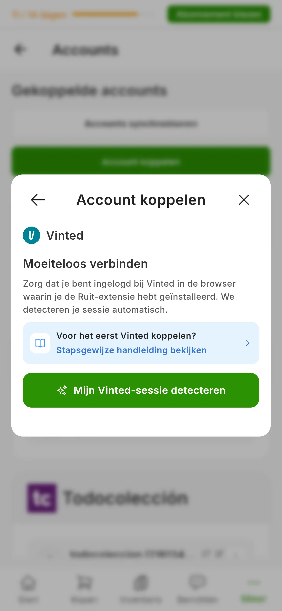 Het venster om Vinted te koppelen in RUIT: de titel Moeiteloos verbinden, de herinnering om in de browser met de extensie ingelogd te zijn, de link naar deze handleiding en de groene knop om de sessie te detecteren