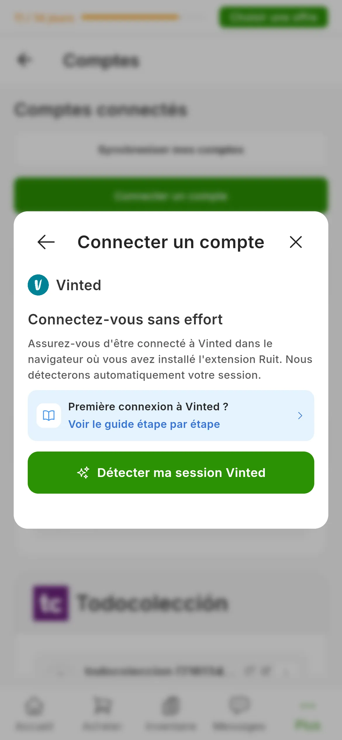 La fenêtre de connexion à Vinted dans RUIT : le titre Connectez-vous sans effort, le rappel d'avoir une session ouverte dans le navigateur de l'extension, le lien vers ce guide et le bouton vert pour détecter la session
