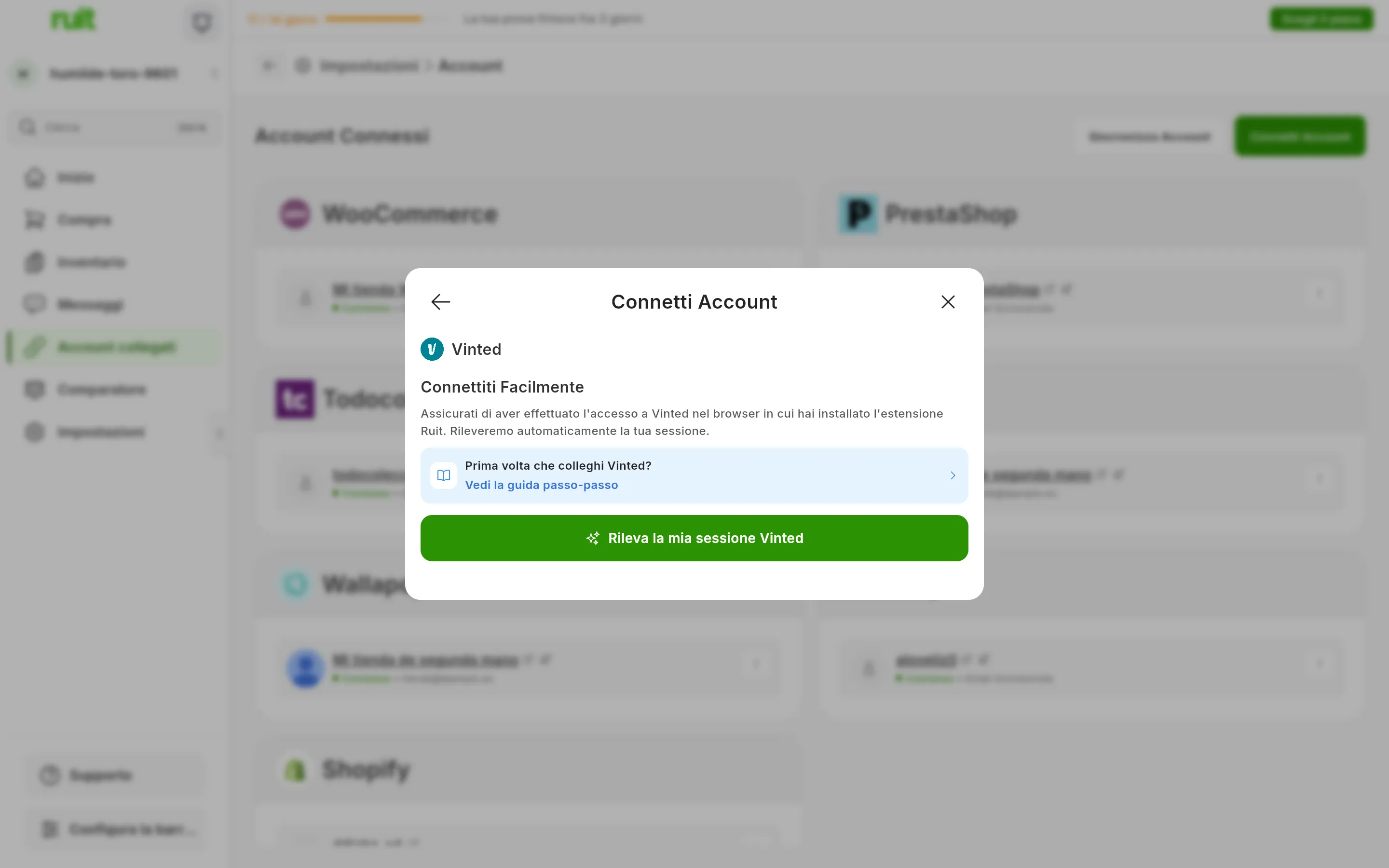 La finestra per collegare Vinted in RUIT: il titolo Connettiti Facilmente, il promemoria di avere la sessione aperta nel browser dell'estensione, il link a questa guida e il pulsante verde per rilevare la sessione