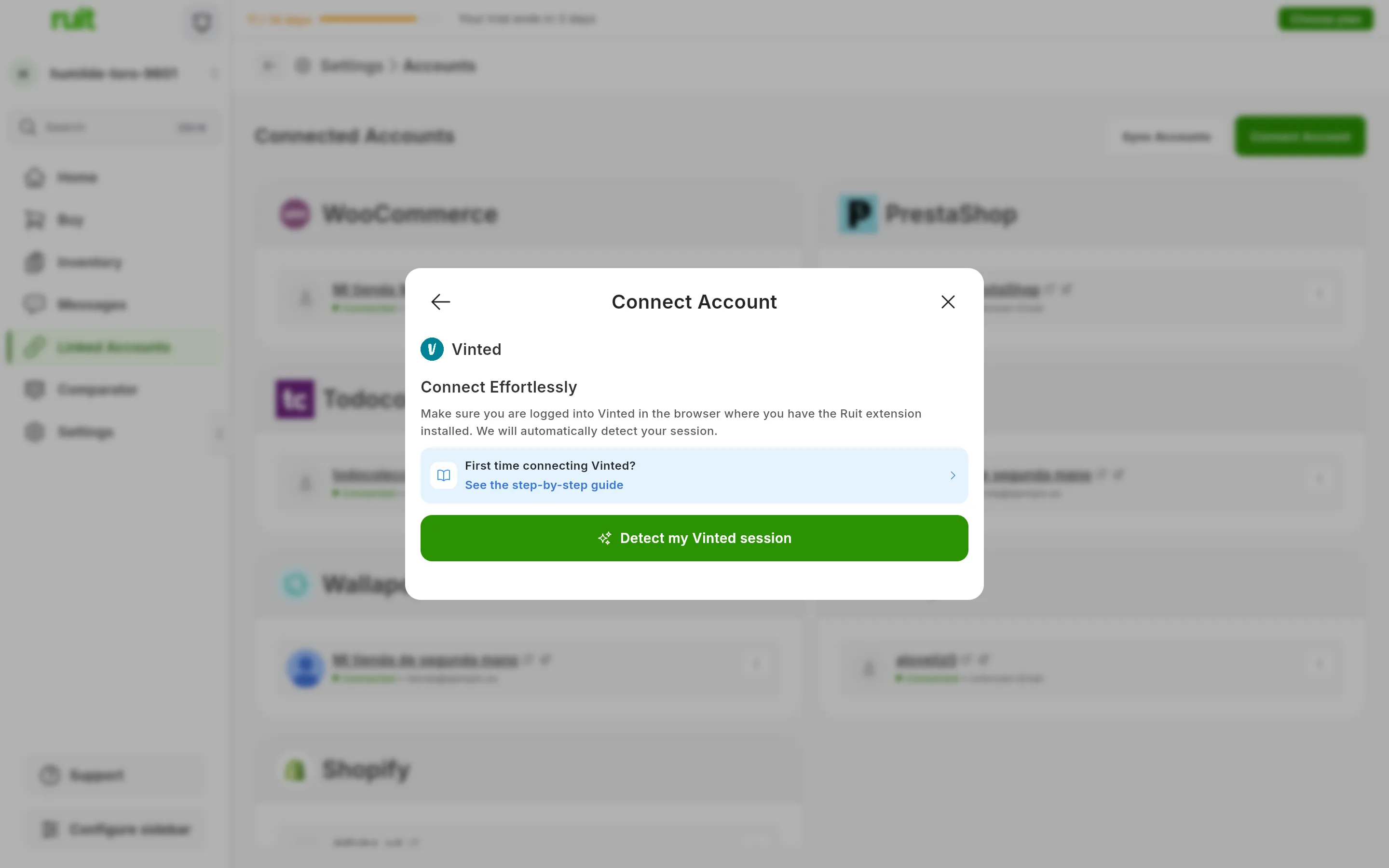 The dialog for connecting Vinted in RUIT: the Connect Effortlessly title, the reminder to be signed in on the extension's browser, the link to this guide and the green button for detecting the session