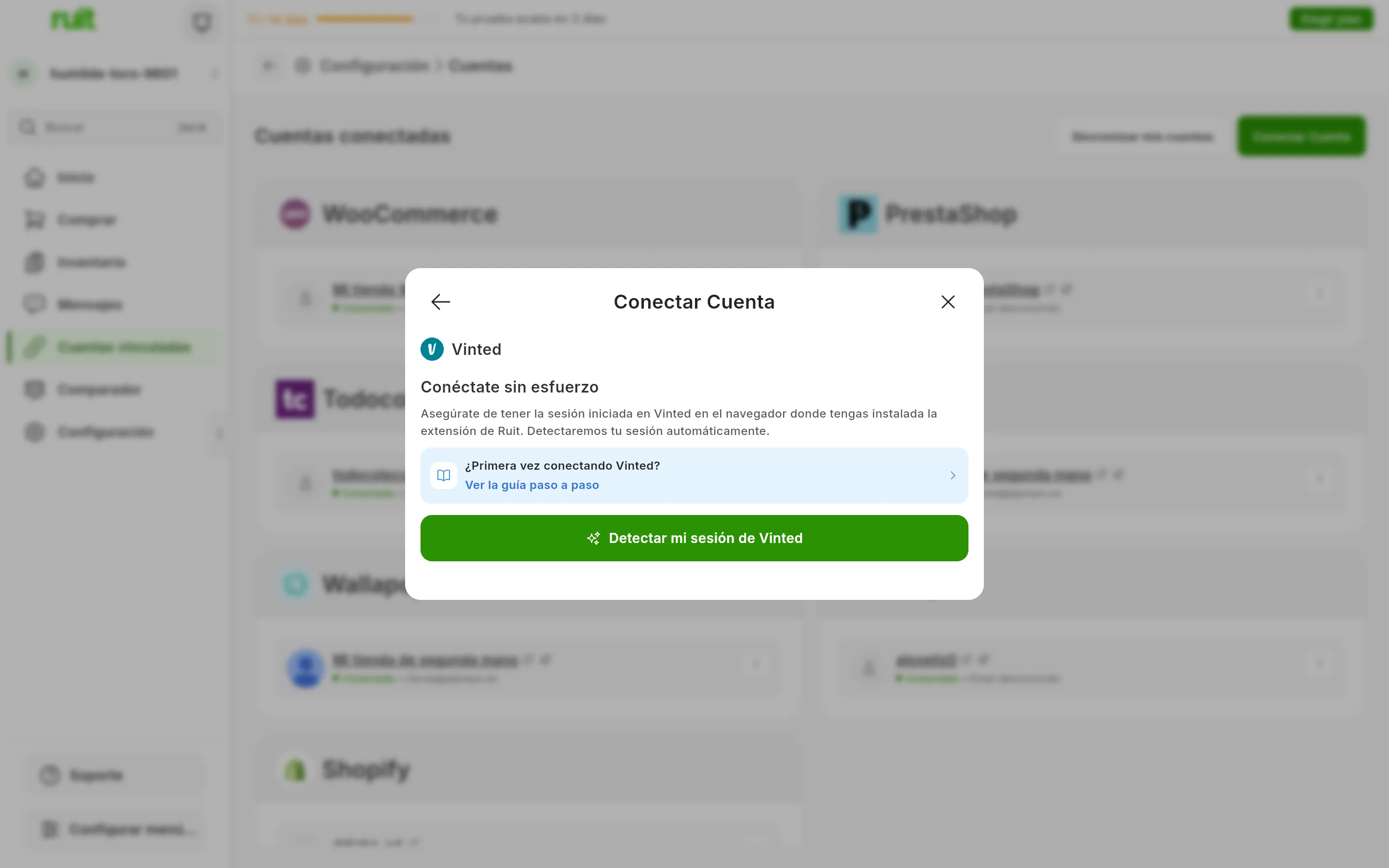 El diálogo de conectar Vinted en RUIT: el título Conéctate sin esfuerzo, el recordatorio de tener la sesión iniciada en el navegador de la extensión, el enlace a esta guía y el botón verde de detectar la sesión
