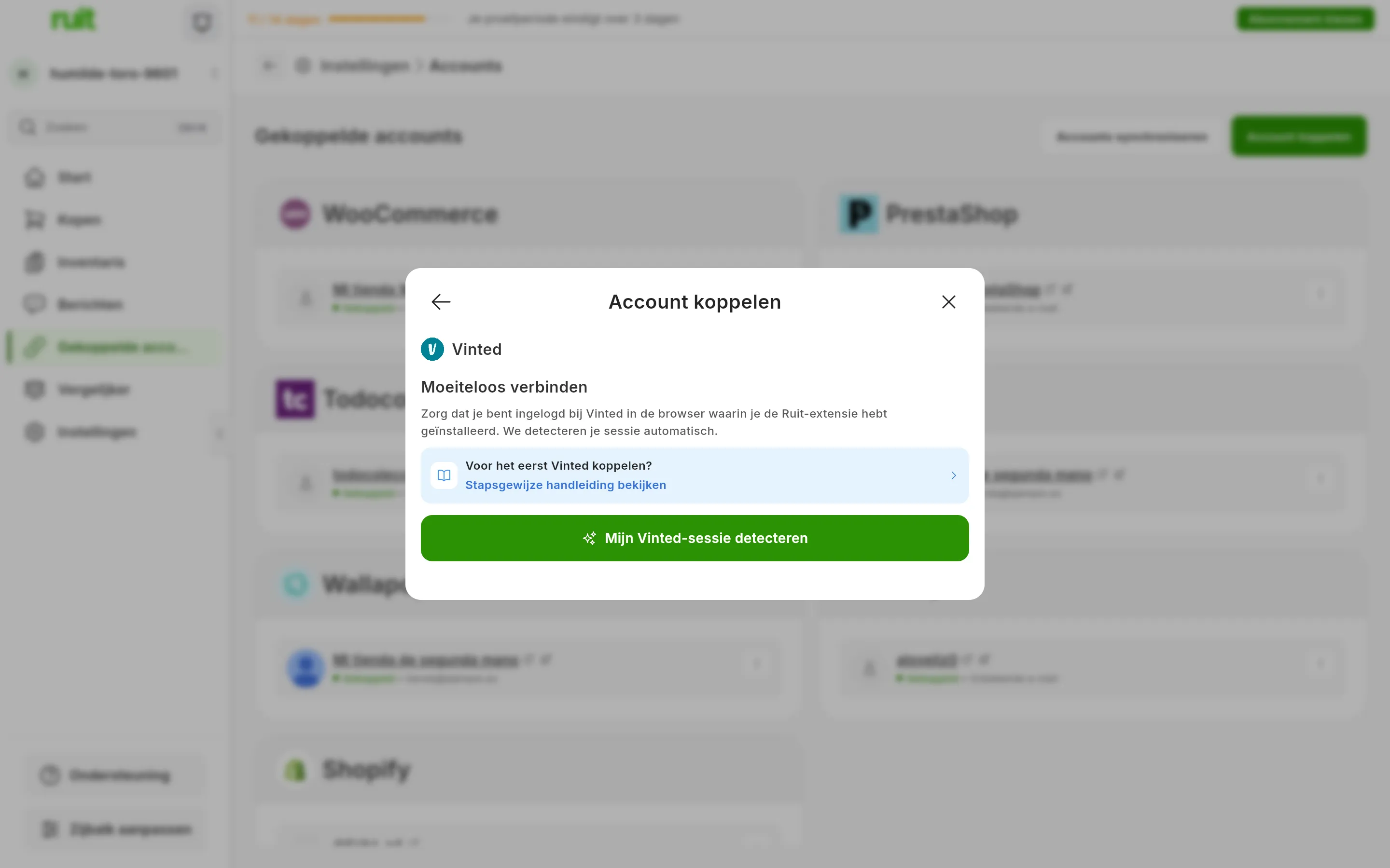 Het venster om Vinted te koppelen in RUIT: de titel Moeiteloos verbinden, de herinnering om in de browser met de extensie ingelogd te zijn, de link naar deze handleiding en de groene knop om de sessie te detecteren