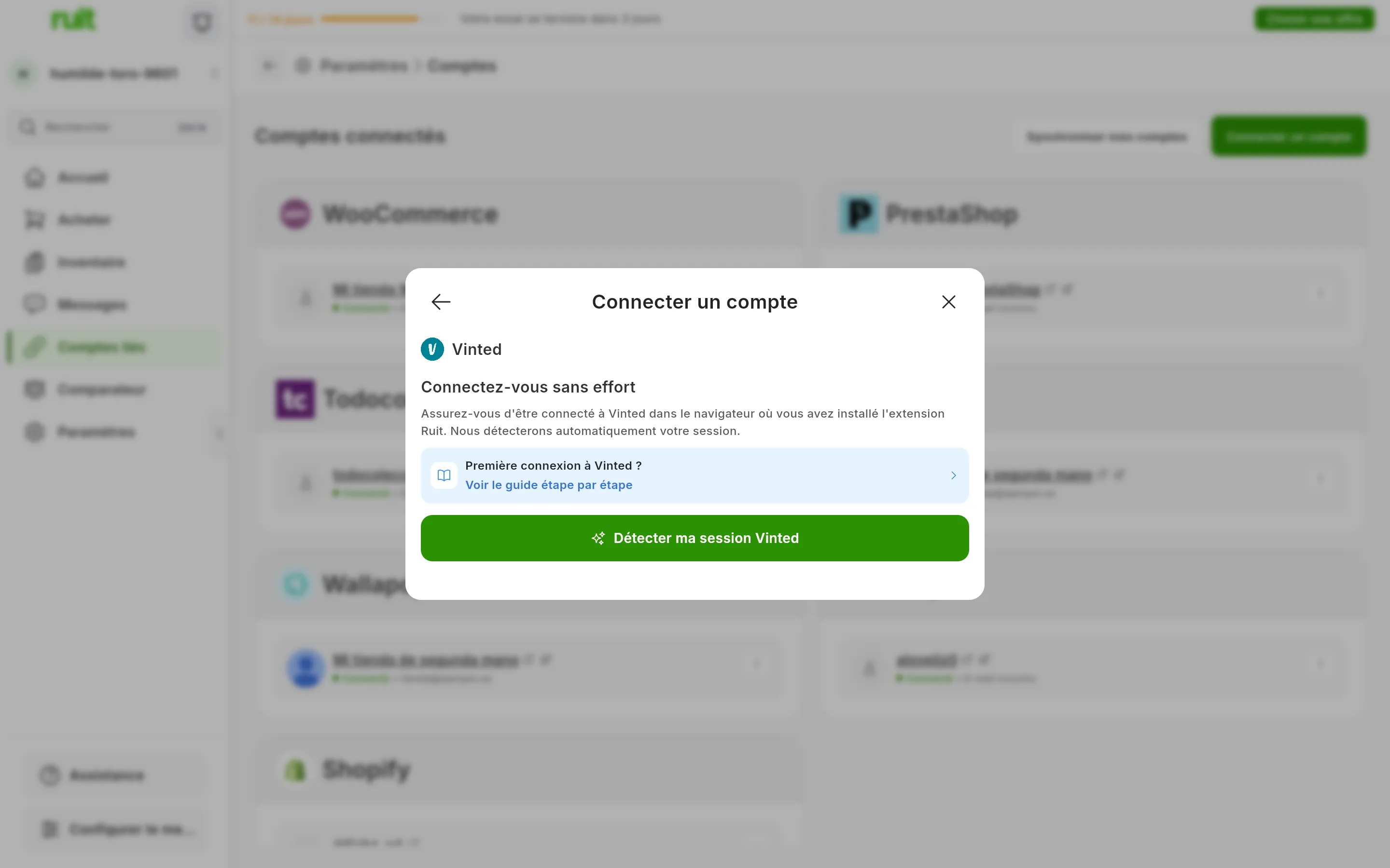 La fenêtre de connexion à Vinted dans RUIT : le titre Connectez-vous sans effort, le rappel d'avoir une session ouverte dans le navigateur de l'extension, le lien vers ce guide et le bouton vert pour détecter la session