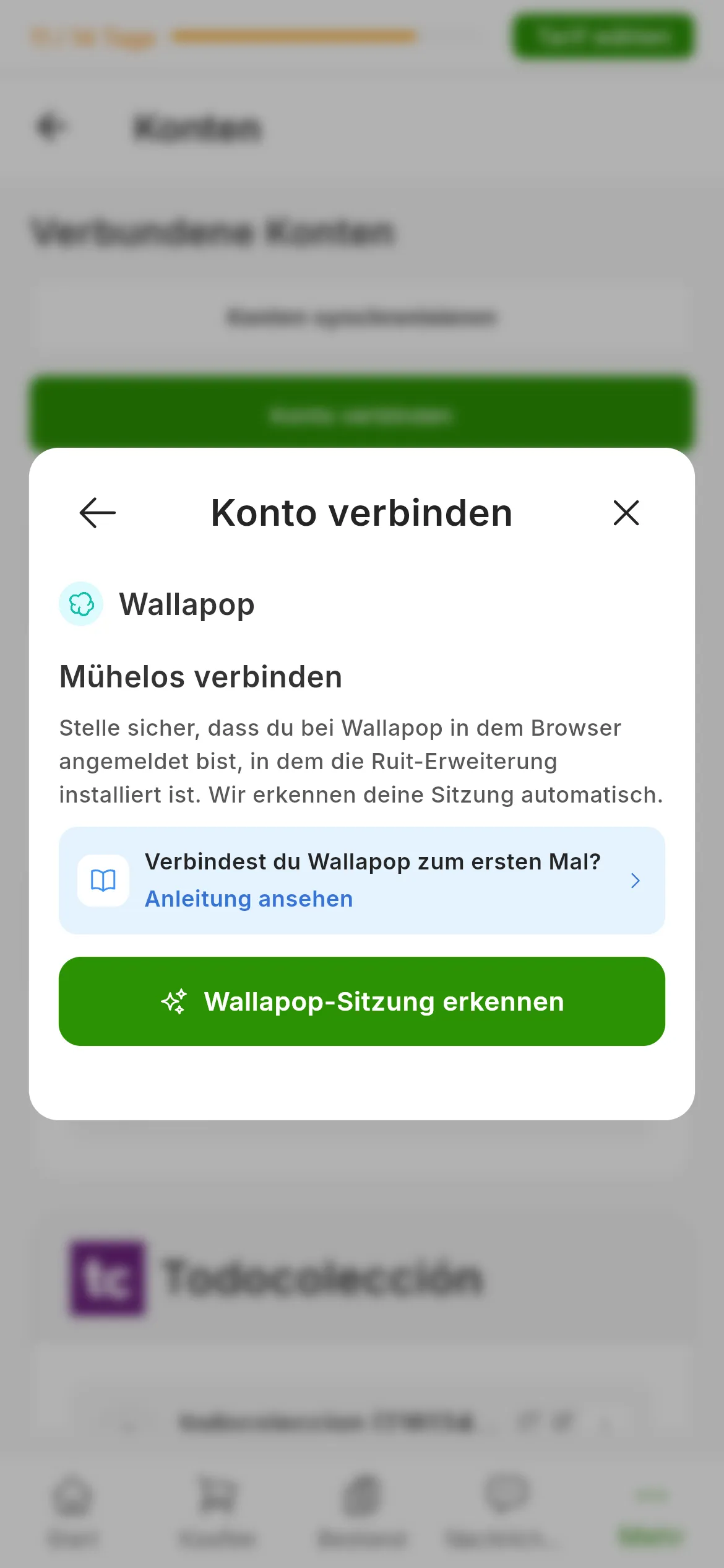 Der Dialog zum Verbinden von Wallapop in RUIT: der Titel Mühelos verbinden, die Erinnerung, im Browser mit der Erweiterung angemeldet zu sein, der Link zu dieser Anleitung und die grüne Schaltfläche zum Erkennen der Sitzung