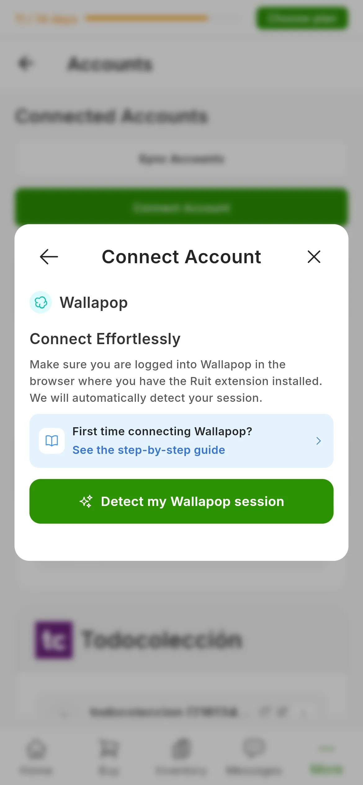 The dialog for connecting Wallapop in RUIT: the Connect Effortlessly title, the reminder to be signed in on the extension's browser, the link to this guide and the green button for detecting the session