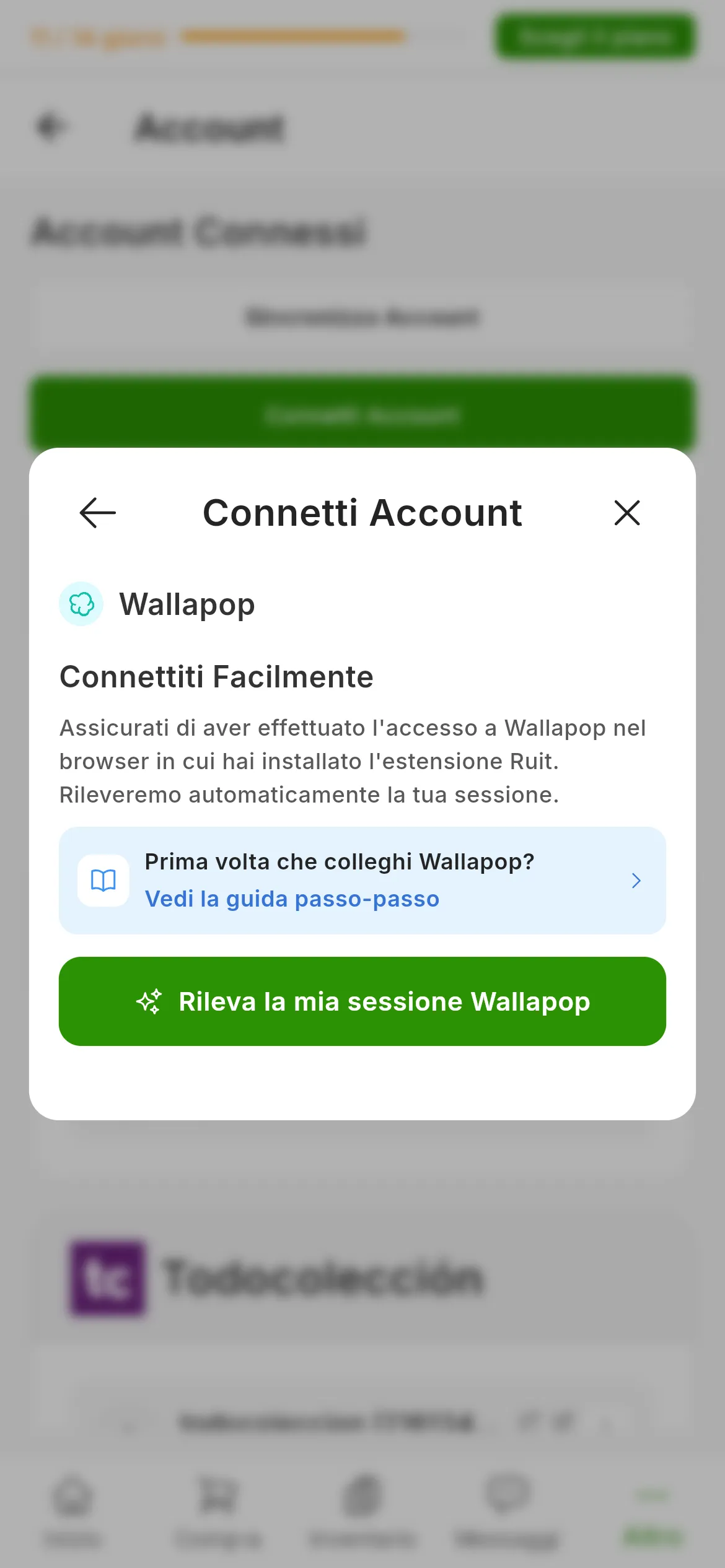 La finestra per collegare Wallapop in RUIT: il titolo Connettiti Facilmente, il promemoria di avere la sessione aperta nel browser dell'estensione, il link a questa guida e il pulsante verde per rilevare la sessione