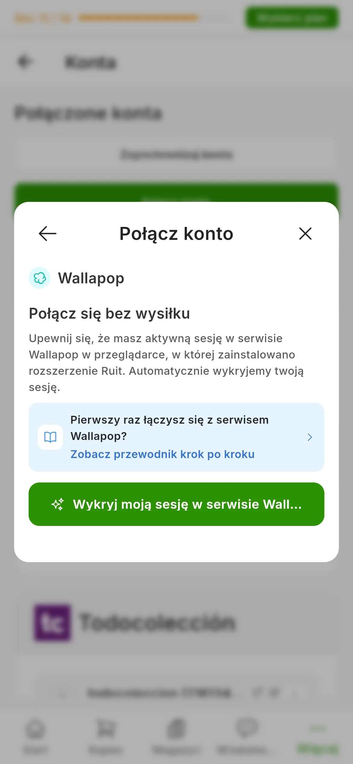 Okno łączenia z Wallapop w RUIT: tytuł Połącz się bez wysiłku, przypomnienie o otwartej sesji w przeglądarce z rozszerzeniem, link do tego przewodnika i zielony przycisk wykrywania sesji