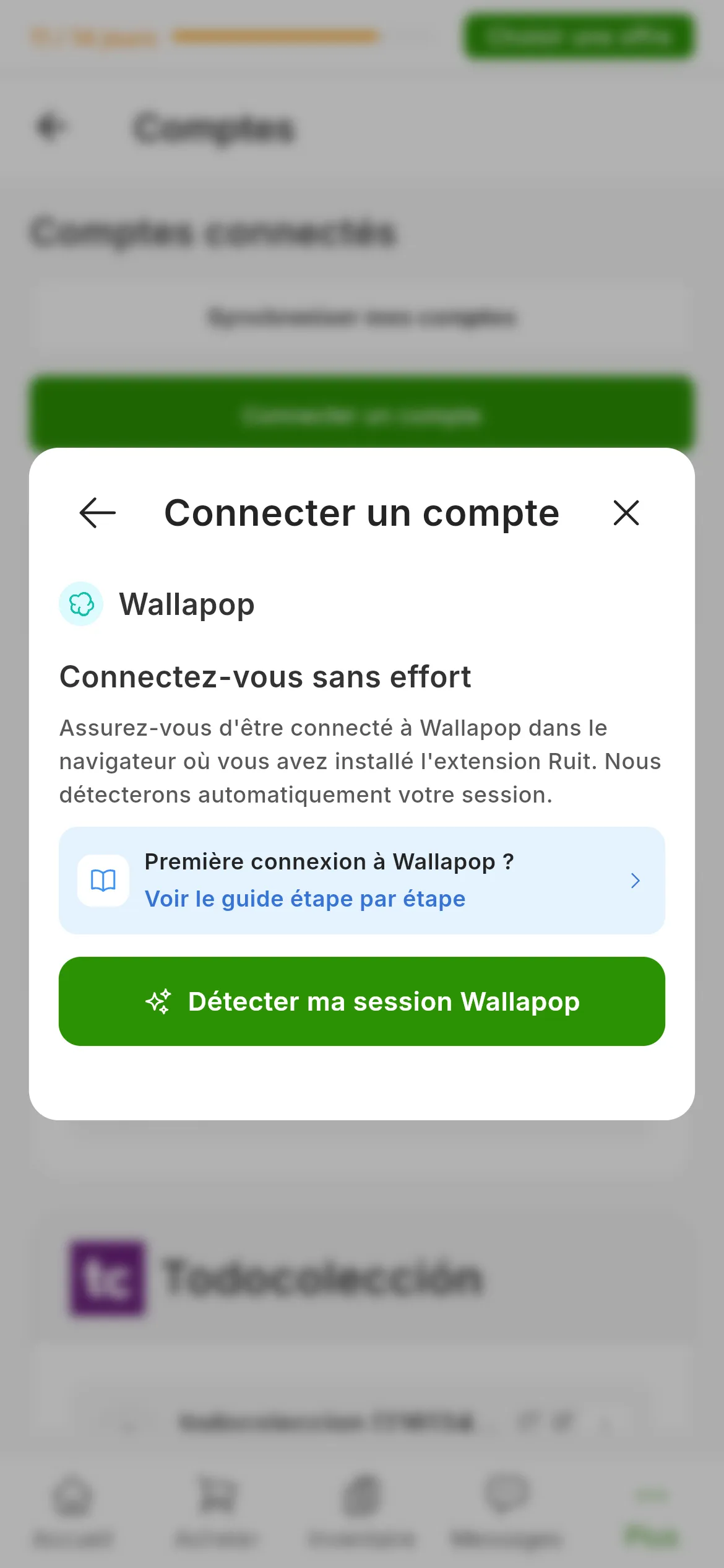 La fenêtre de connexion à Wallapop dans RUIT : le titre Connectez-vous sans effort, le rappel d'avoir une session ouverte dans le navigateur de l'extension, le lien vers ce guide et le bouton vert pour détecter la session