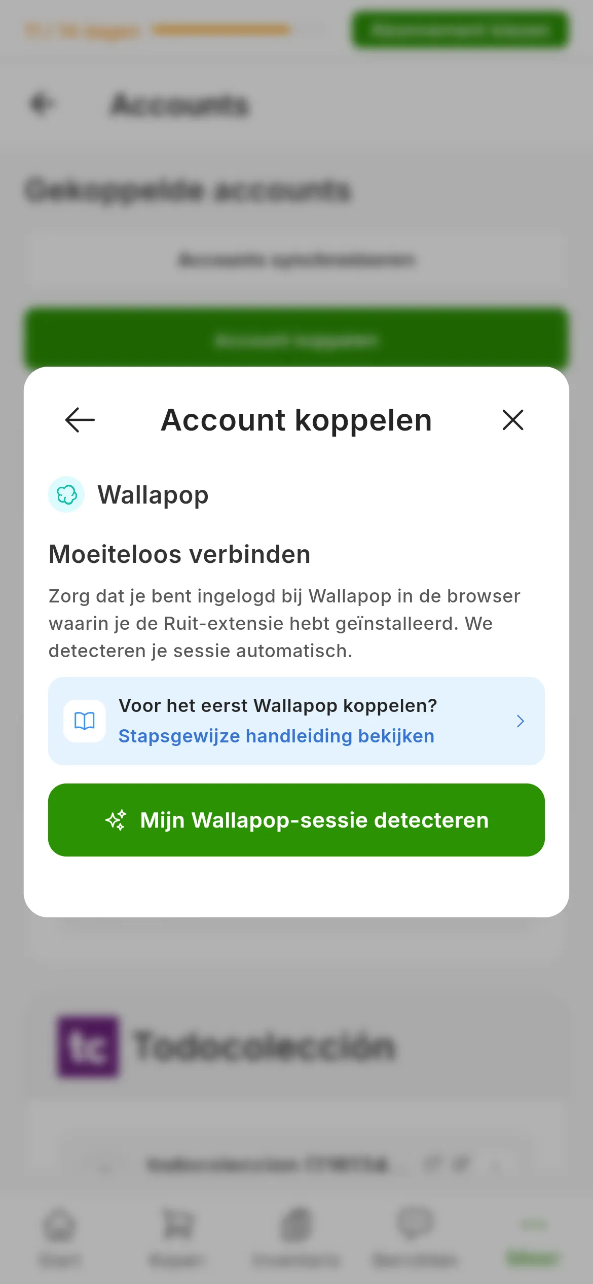 Het venster om Wallapop te koppelen in RUIT: de titel Moeiteloos verbinden, de herinnering om in de browser met de extensie ingelogd te zijn, de link naar deze handleiding en de groene knop om de sessie te detecteren