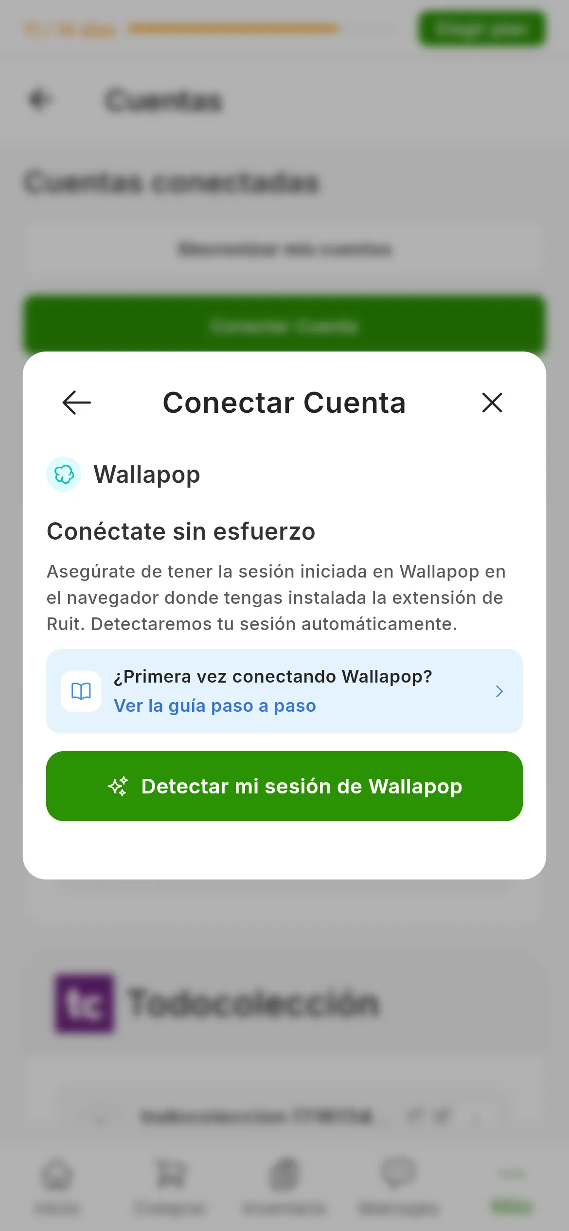 El diálogo de conectar Wallapop en RUIT: el título Conéctate sin esfuerzo, el recordatorio de tener la sesión iniciada en el navegador de la extensión, el enlace a esta guía y el botón verde de detectar la sesión