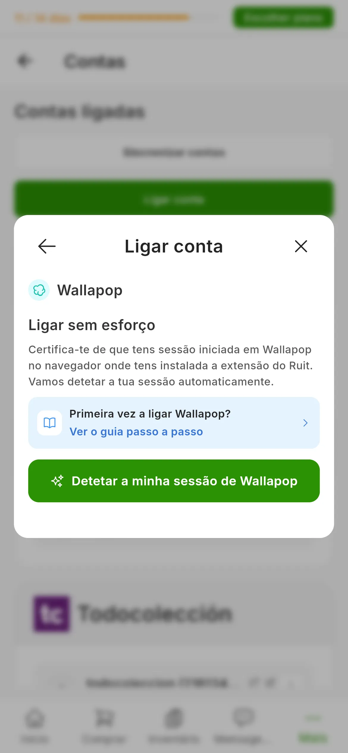 A janela de ligar o Wallapop no RUIT: o título Ligar sem esforço, o lembrete de ter a sessão iniciada no navegador da extensão, o atalho para este guia e o botão verde de detetar a sessão