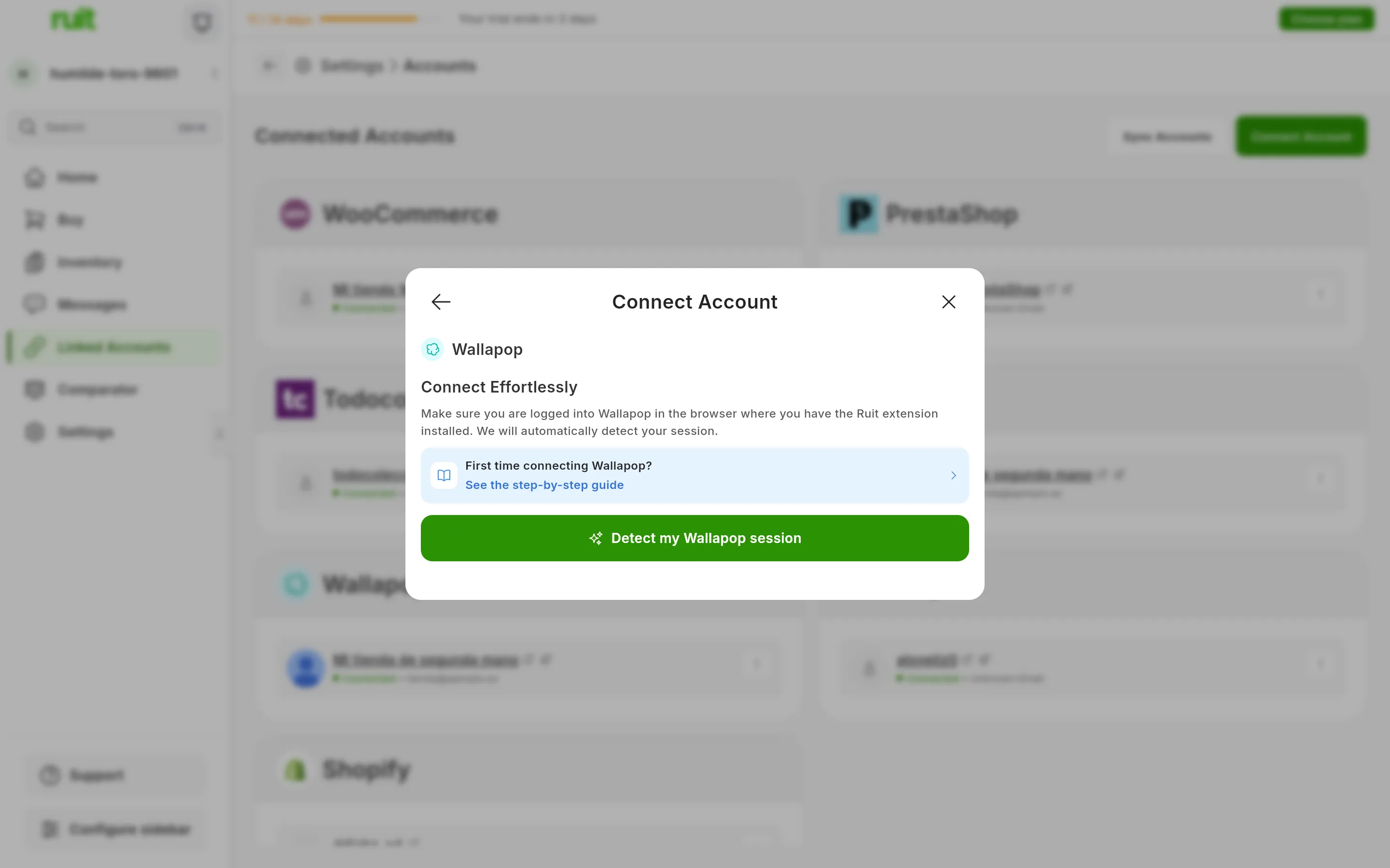 The dialog for connecting Wallapop in RUIT: the Connect Effortlessly title, the reminder to be signed in on the extension's browser, the link to this guide and the green button for detecting the session