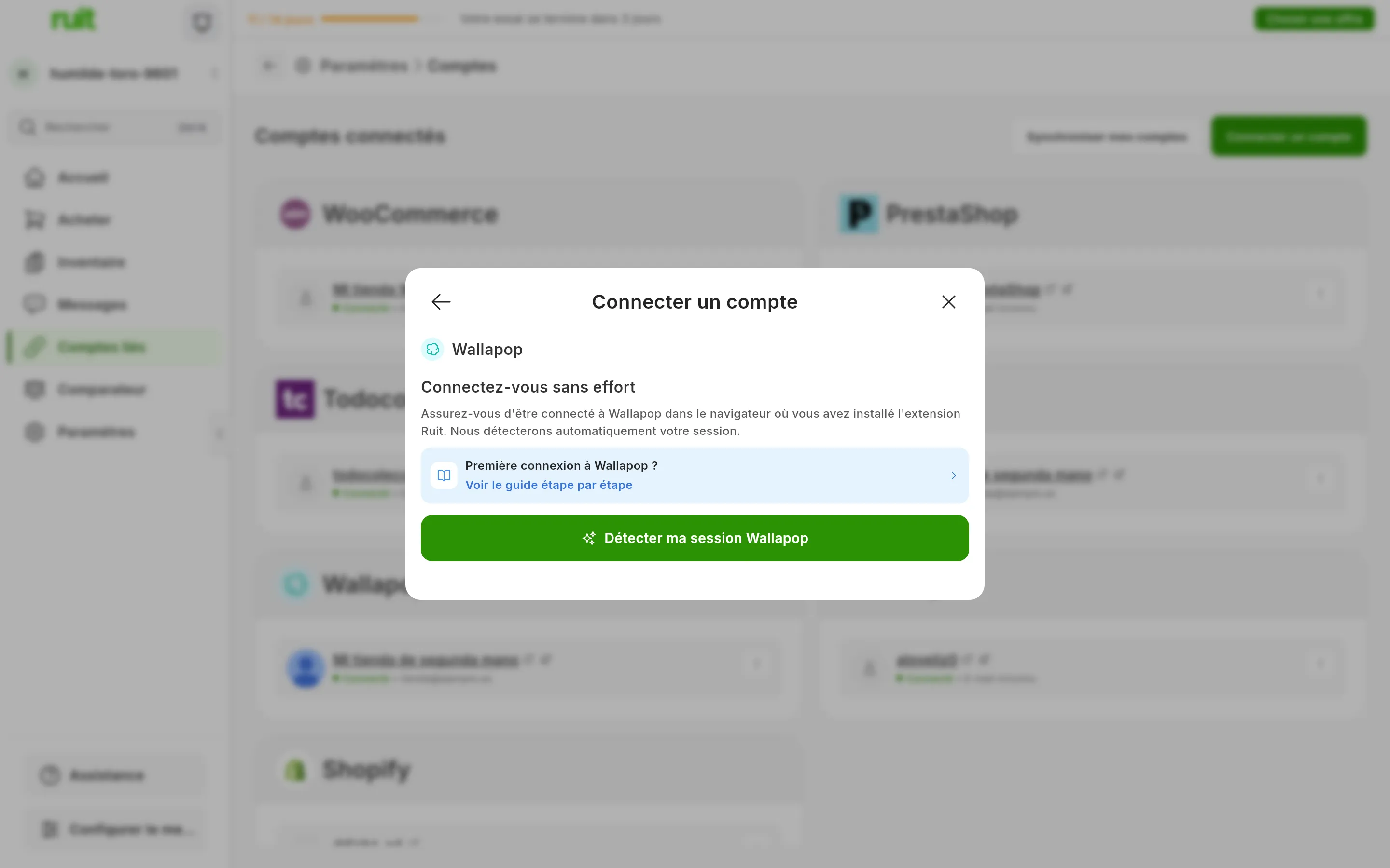 La fenêtre de connexion à Wallapop dans RUIT : le titre Connectez-vous sans effort, le rappel d'avoir une session ouverte dans le navigateur de l'extension, le lien vers ce guide et le bouton vert pour détecter la session