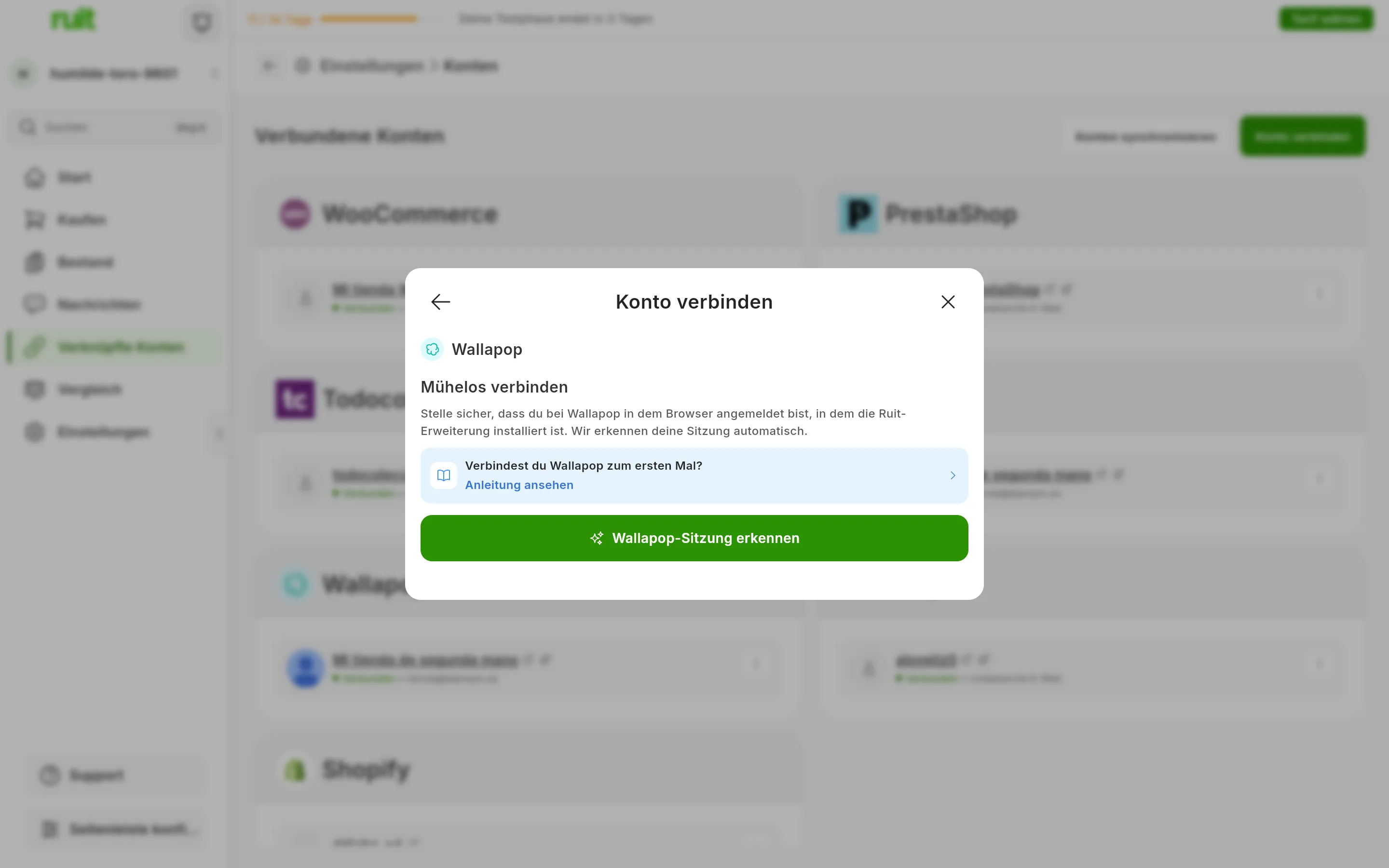 Der Dialog zum Verbinden von Wallapop in RUIT: der Titel Mühelos verbinden, die Erinnerung, im Browser mit der Erweiterung angemeldet zu sein, der Link zu dieser Anleitung und die grüne Schaltfläche zum Erkennen der Sitzung