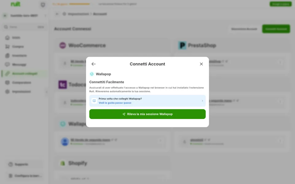 Schermata dell'app Ruit per collegare un account Wallapop