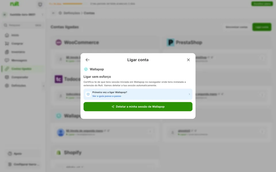 Ecrã da app Ruit para ligar uma conta Wallapop