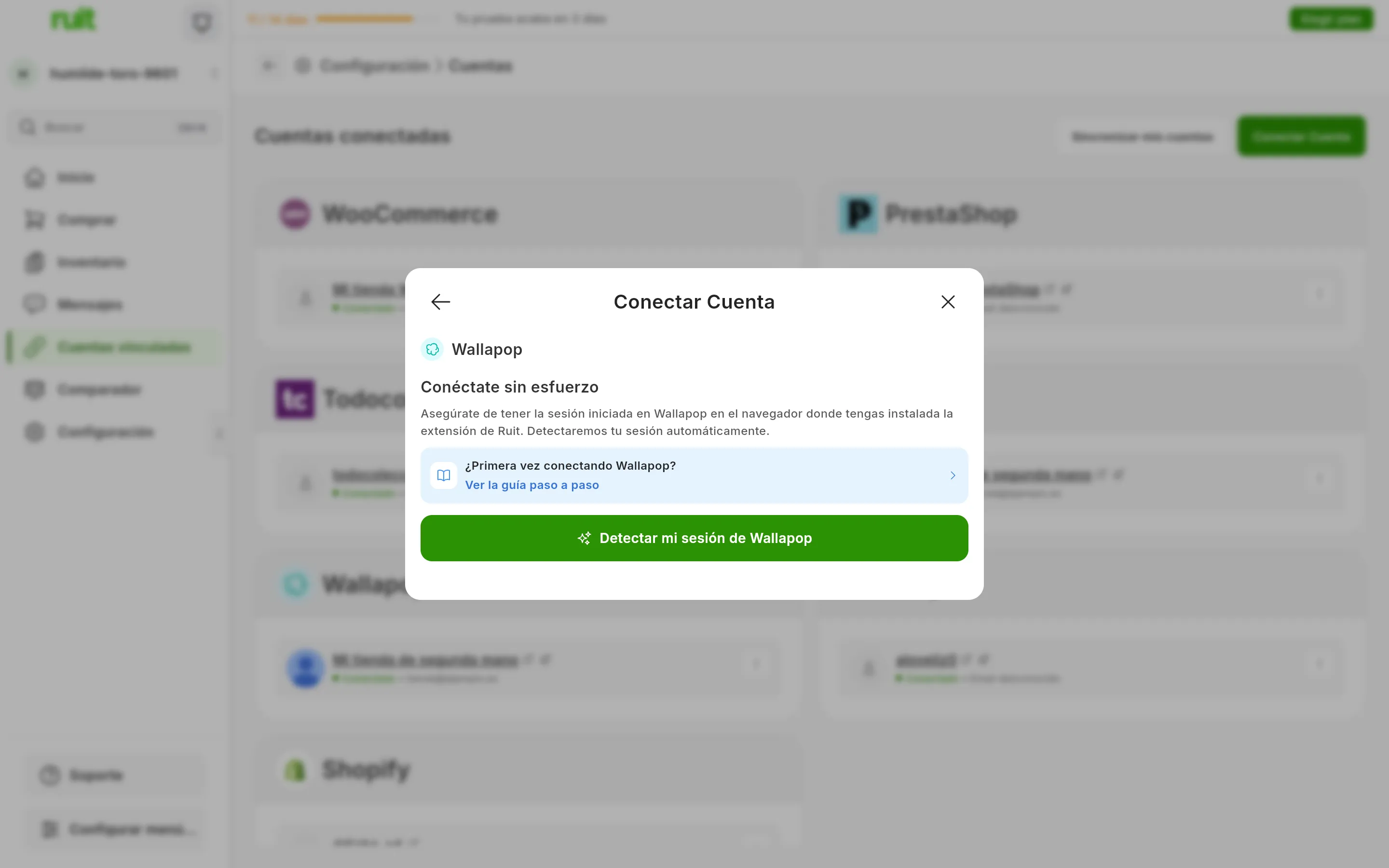 El diálogo de conectar Wallapop en RUIT: el título Conéctate sin esfuerzo, el recordatorio de tener la sesión iniciada en el navegador de la extensión, el enlace a esta guía y el botón verde de detectar la sesión