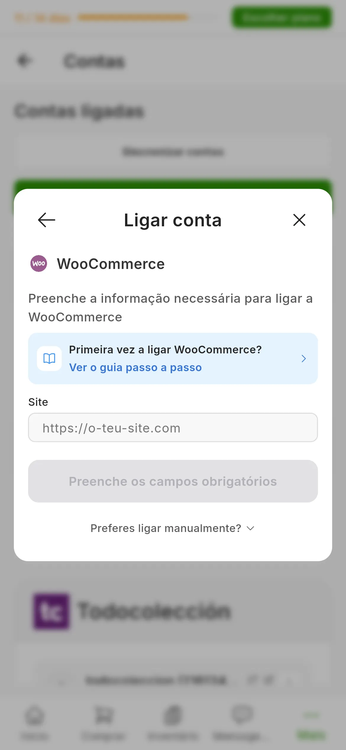 A janela de ligar o WooCommerce no RUIT: o pedido para preencher a informação, o atalho para este guia, o campo Site, o botão de ligar e, por baixo, a opção que abre a ligação manual