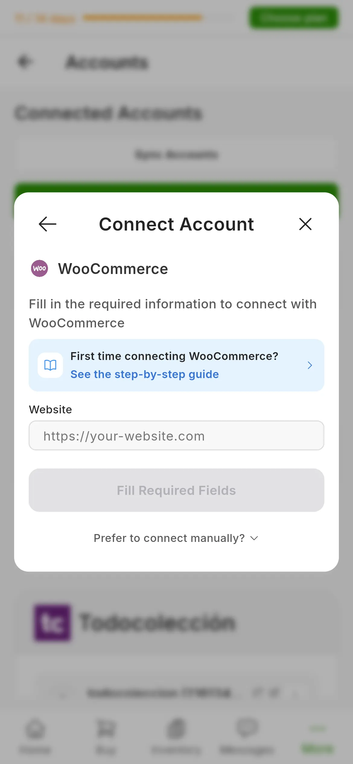 The dialog for connecting WooCommerce in RUIT: the request to fill in the required information, the link to this guide, the Website field, the connect button and, below it, the drop-down for connecting manually
