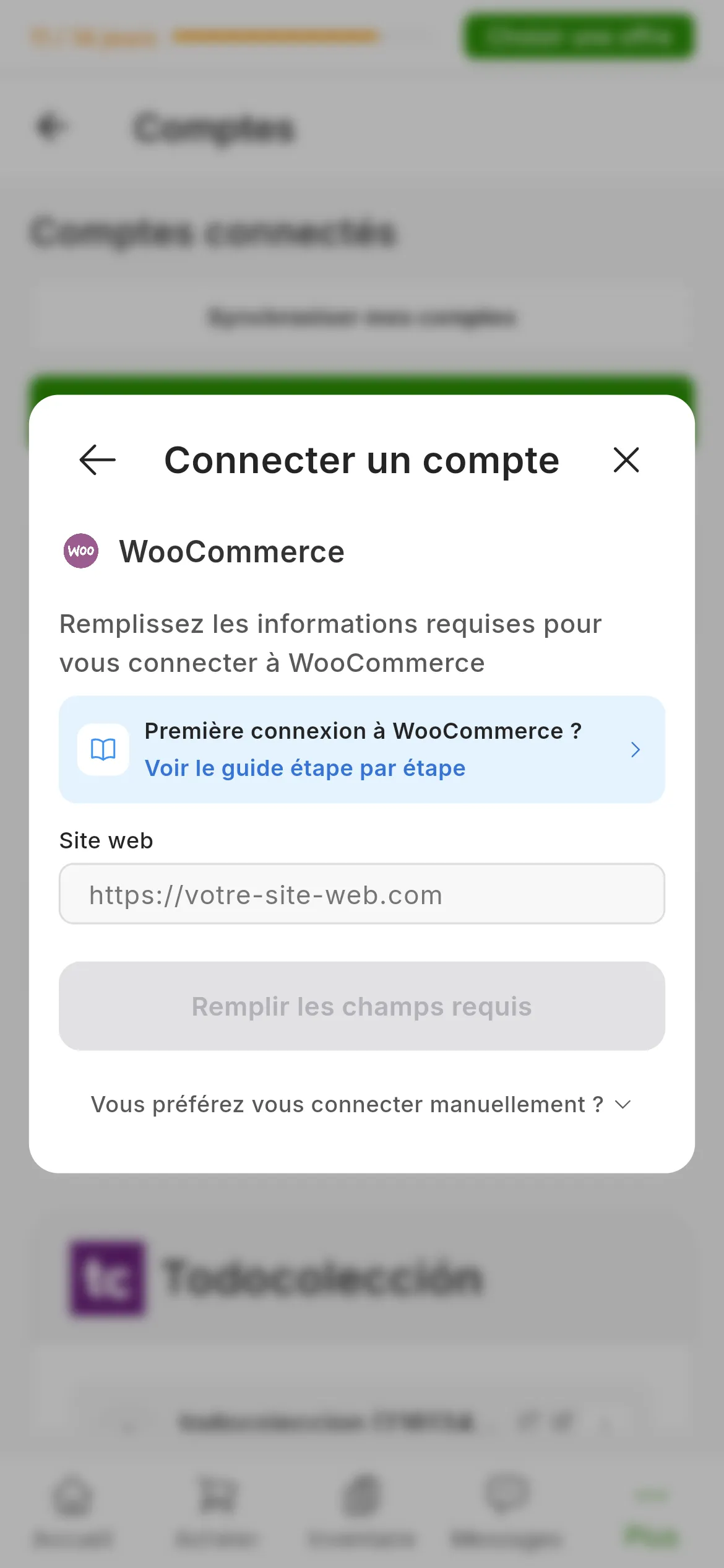 La fenêtre de connexion à WooCommerce dans RUIT : la demande de remplir les informations requises, le lien vers ce guide, le champ Site web, le bouton de connexion et, en dessous, le menu déroulant pour se connecter manuellement