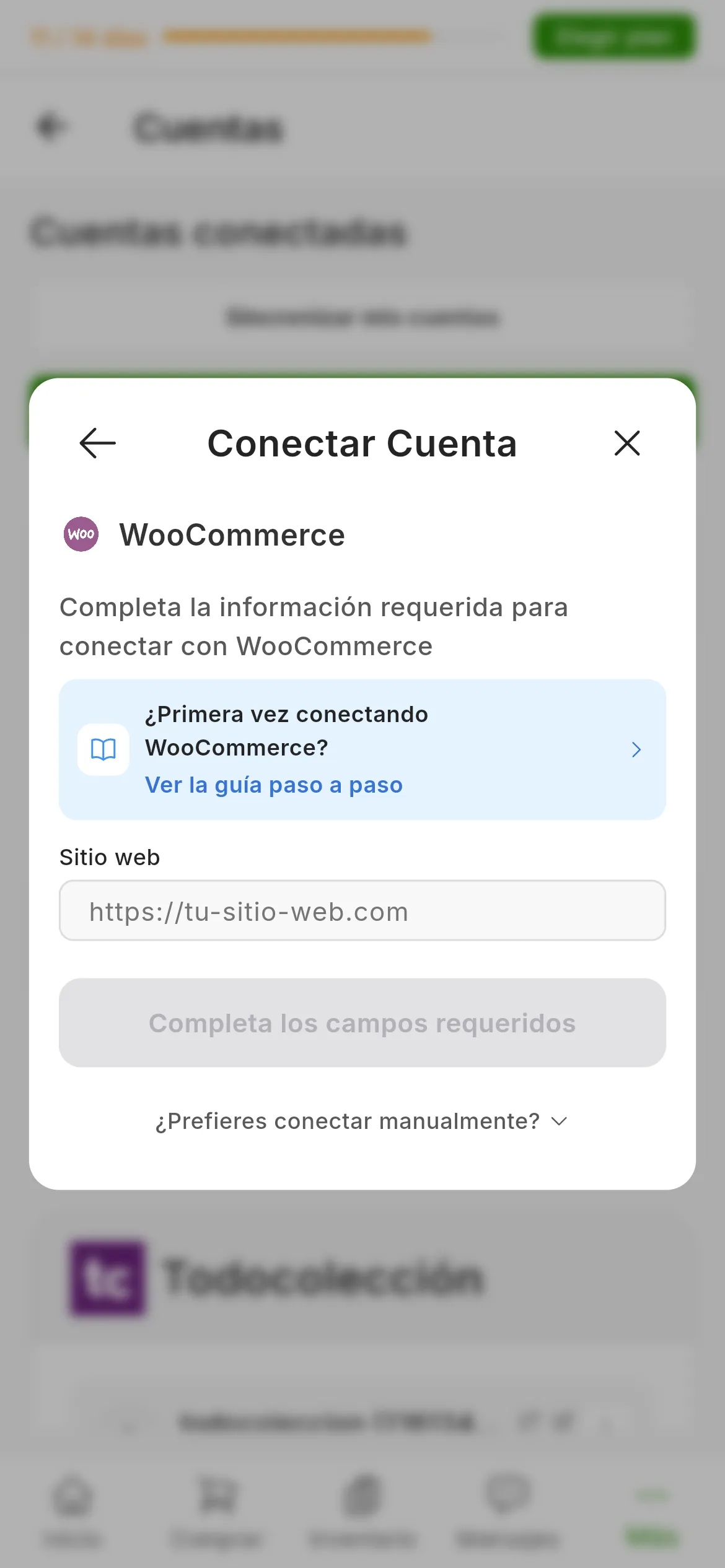 El diálogo de conectar WooCommerce en RUIT: la petición de completar la información, el enlace a esta guía, el campo Sitio web, el botón de conectar y, debajo, el desplegable de conectar manualmente