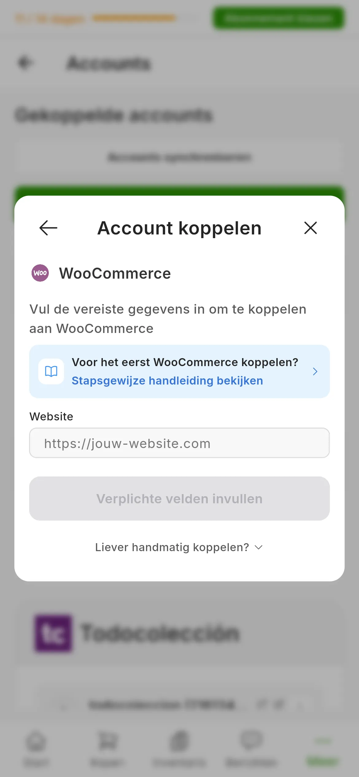 Het venster om WooCommerce te koppelen in RUIT: de vraag om de vereiste gegevens in te vullen, de link naar deze handleiding, het veld Website, de knop om te koppelen en daaronder het uitklapmenu om handmatig te koppelen