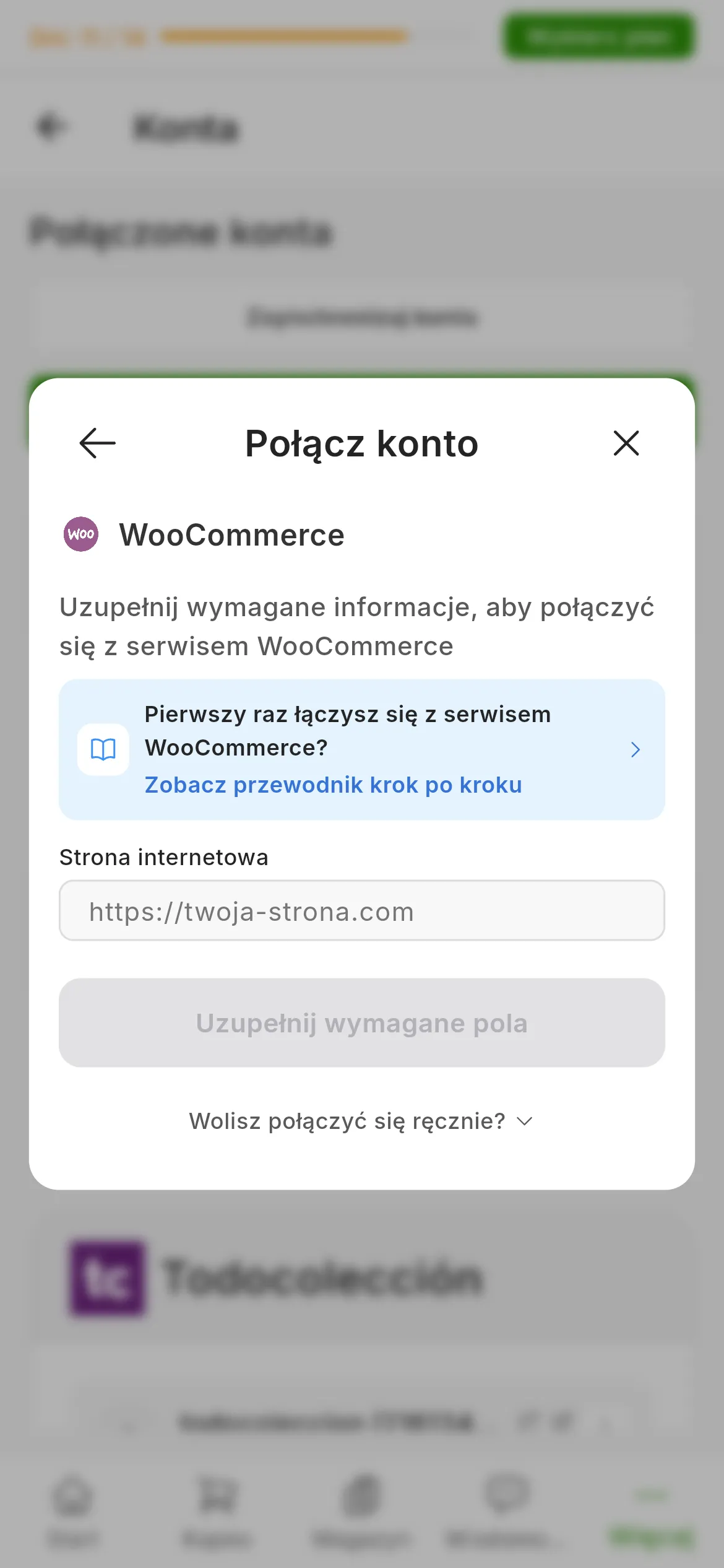 Okno łączenia z WooCommerce w RUIT: prośba o uzupełnienie informacji, link do tego przewodnika, pole Strona internetowa, przycisk łączenia, a pod nim rozwijana opcja ręcznego łączenia