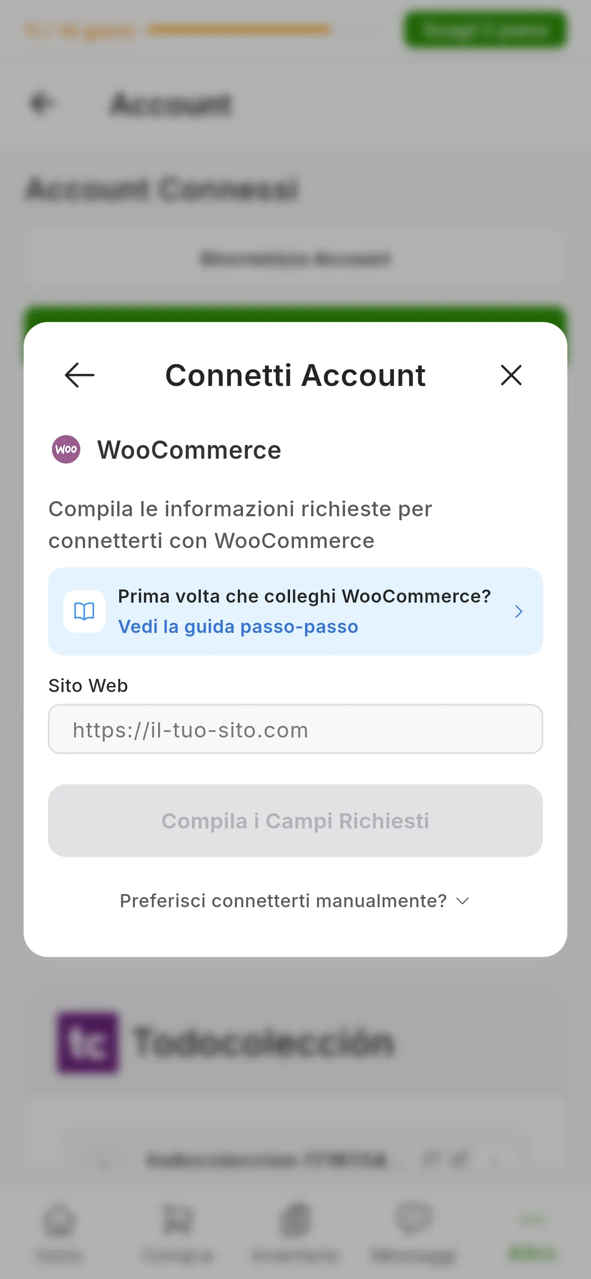La finestra per collegare WooCommerce in RUIT: la richiesta di compilare le informazioni, il link a questa guida, il campo Sito Web, il pulsante per connettersi e, sotto, il menu a tendina per connettersi manualmente