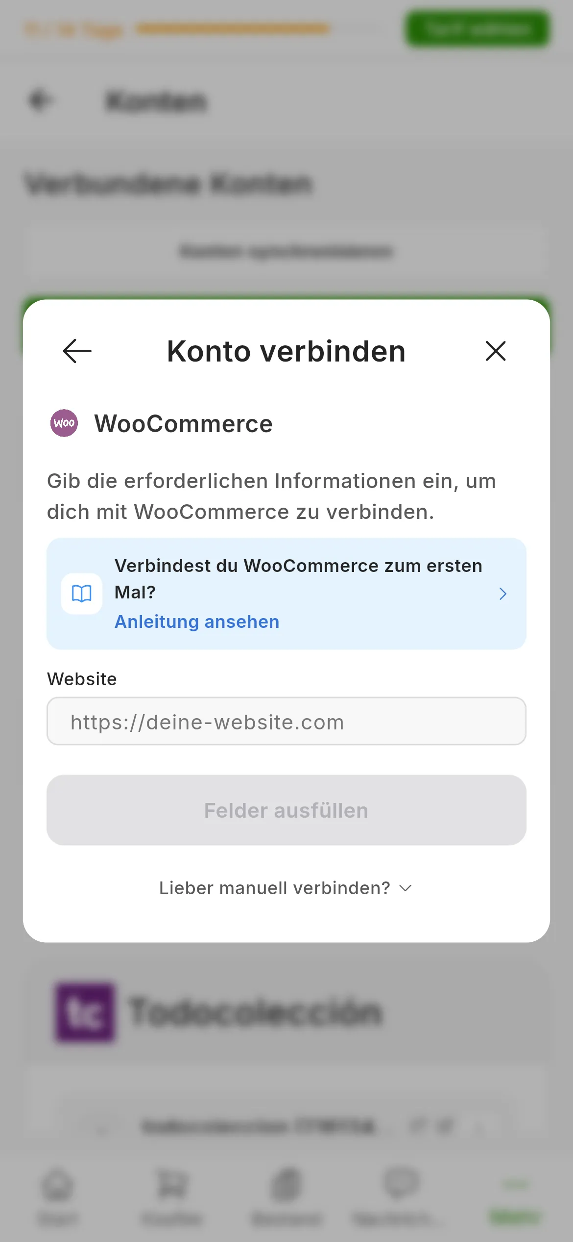 Der Dialog zum Verbinden von WooCommerce in RUIT: die Bitte, die Informationen einzugeben, der Link zu dieser Anleitung, das Feld Website, die Schaltfläche zum Verbinden und darunter der ausklappbare Bereich für das manuelle Verbinden