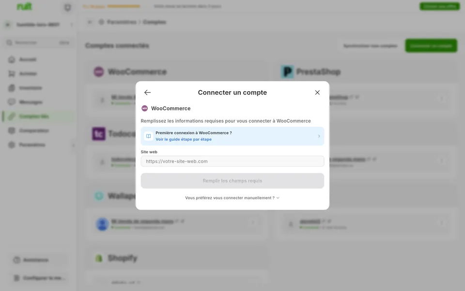 Écran de l'app Ruit pour connecter un compte WooCommerce