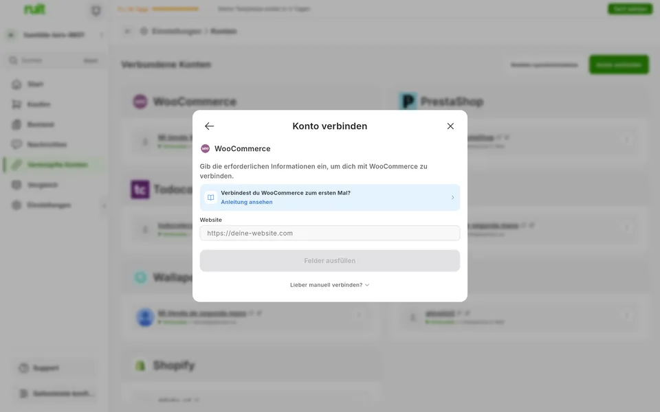 Bildschirm der Ruit-App zum Verbinden eines WooCommerce-Kontos