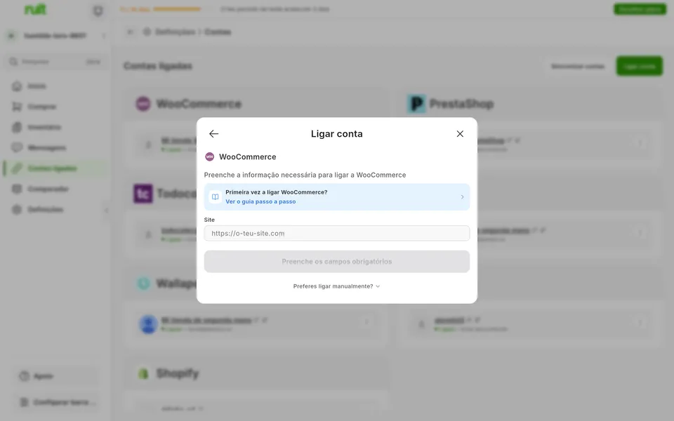 Ecrã da app Ruit para ligar uma conta WooCommerce
