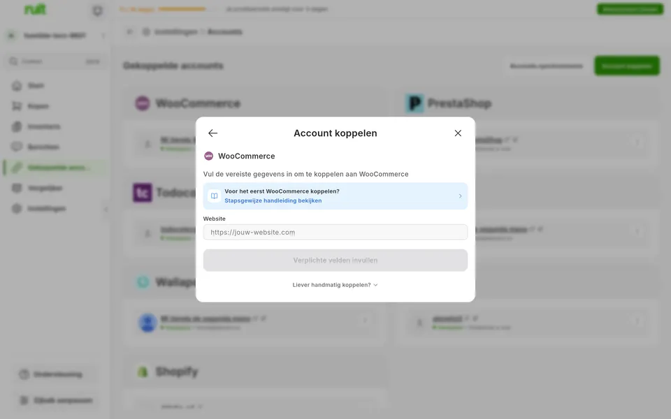 Scherm van de Ruit-app om een WooCommerce-account te koppelen